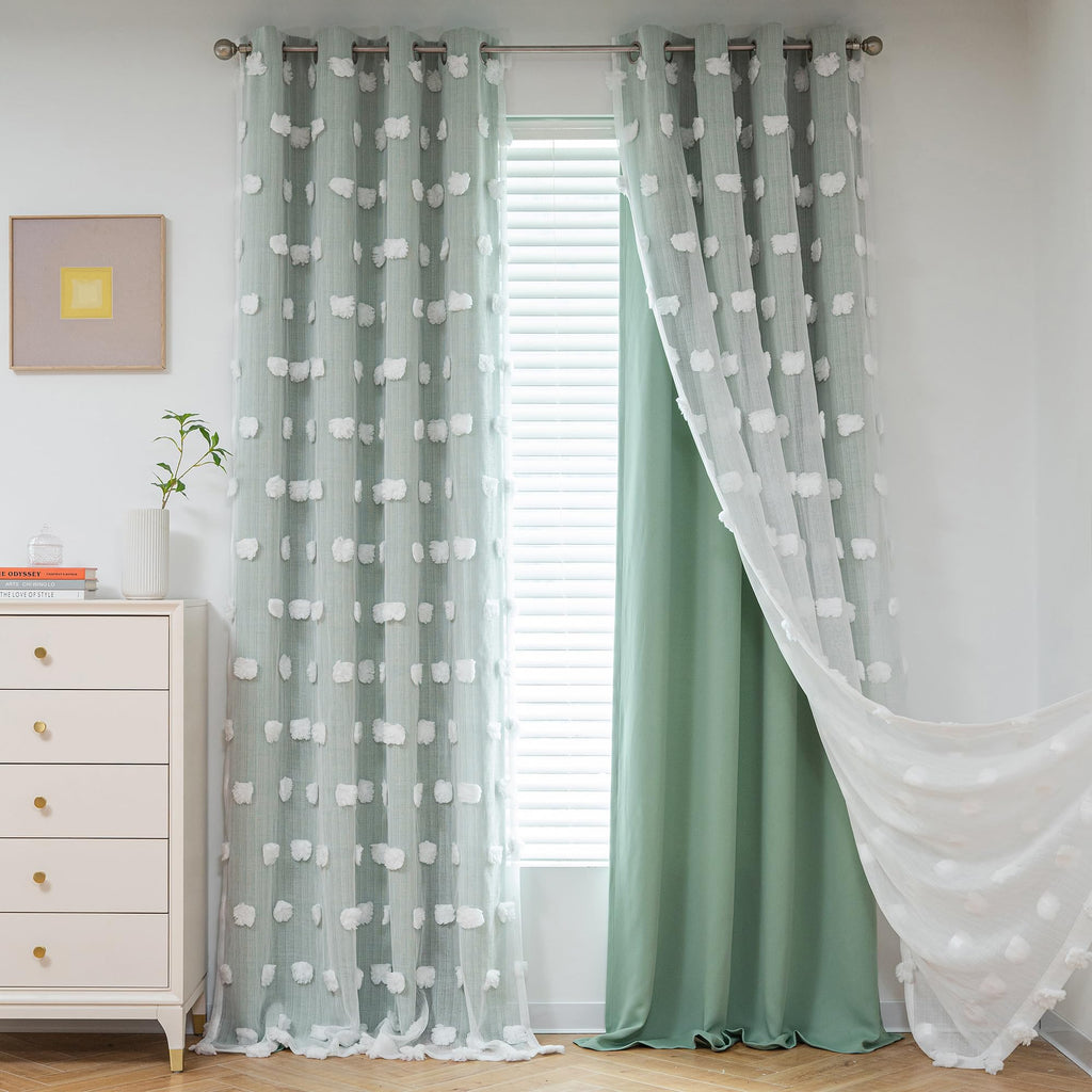 Mysky Home 90 Inches Long Aqua Curtains For Living Room Nursery Curtains For Bedroom Double Layer Curtains White Pom Pom Sheer Curtains For Dining Room Grommet Room Darkening Window Panels W52 X L90
