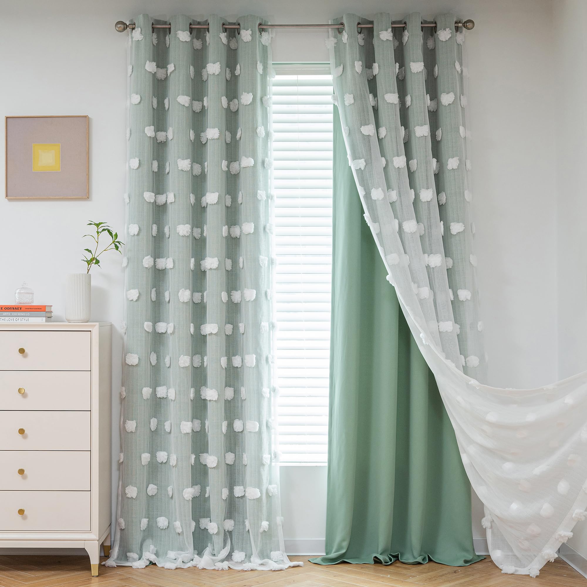 Mysky Home 90 Inches Long Aqua Curtains For Living Room Nursery Curtains For Bedroom Double Layer Curtains White Pom Pom Sheer Curtains For Dining Room Grommet Room Darkening Window Panels W52 X L90