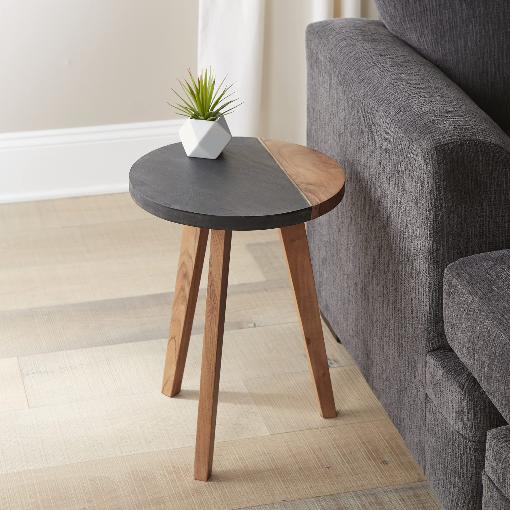 Steve Silver, Mid-Century Modern Acacia Wood Slate Veneer, Brass Inlay, Natural Matte Finish, Brown End Table, 16 x 16 x 20.75