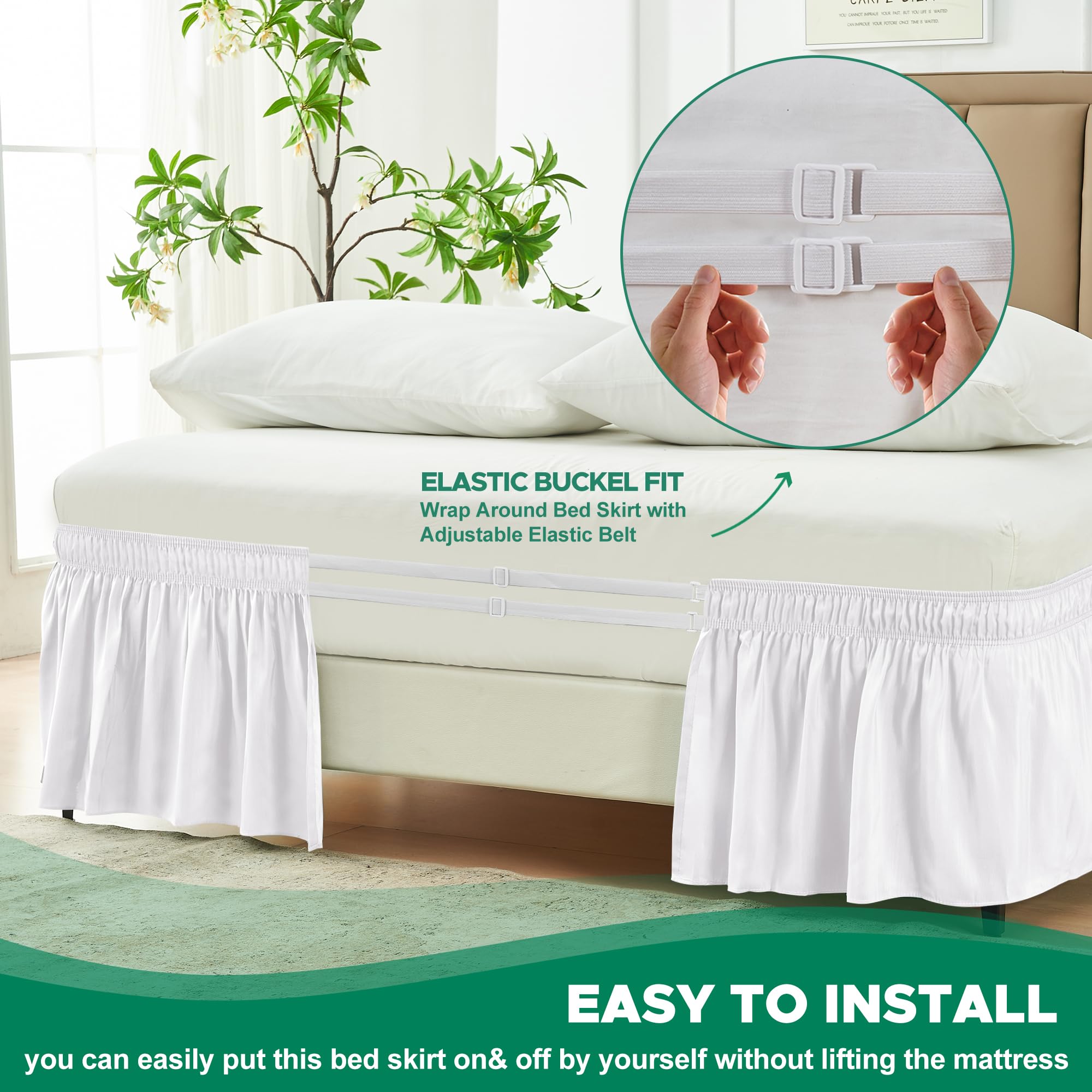 Biscaynebay Wrap Around Bed Skirts For Full & Full Xl Beds 11' Short Drop, White Adjustable Elastic Dust Ruffles Easy Fit Wrinkle Resistant Silky Luxurious Fabric Machine Washable