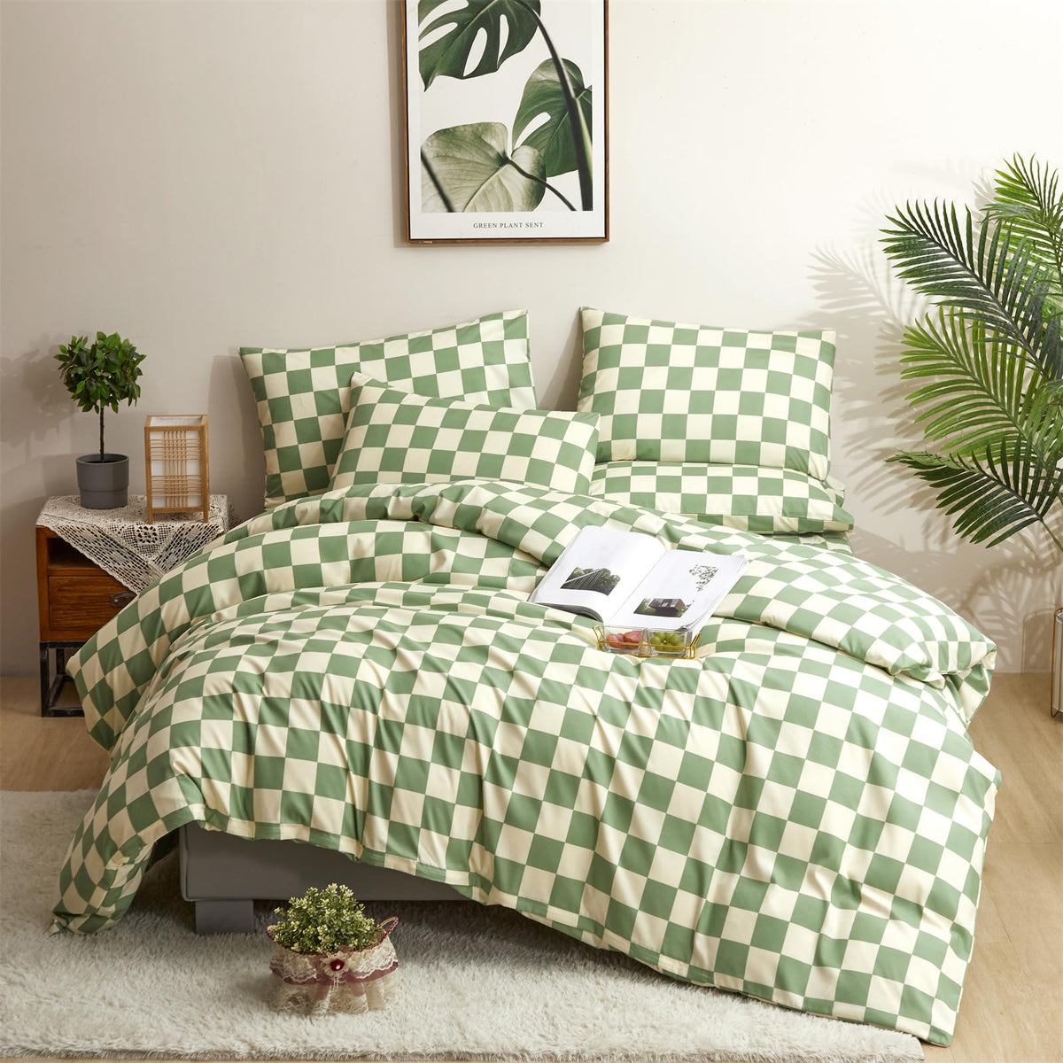 CLOTHKNOW Green White Grid Comforter Set Full 3Pcs Plaid Bedding Comforter Sets Sage Green White Comforter Full Size Soft Geomet