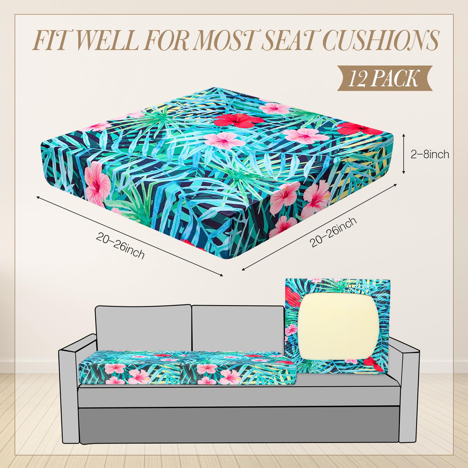 Newwiee 12 Pcs Patio Stretch Sofa Cushion Covers Outdoor Cushion Cover Replacement Couch Slipcover Summer Palm Leaf Sofa Seat Cover Flexibility Chair Cushion Cover Porch Patio Furniture Protector