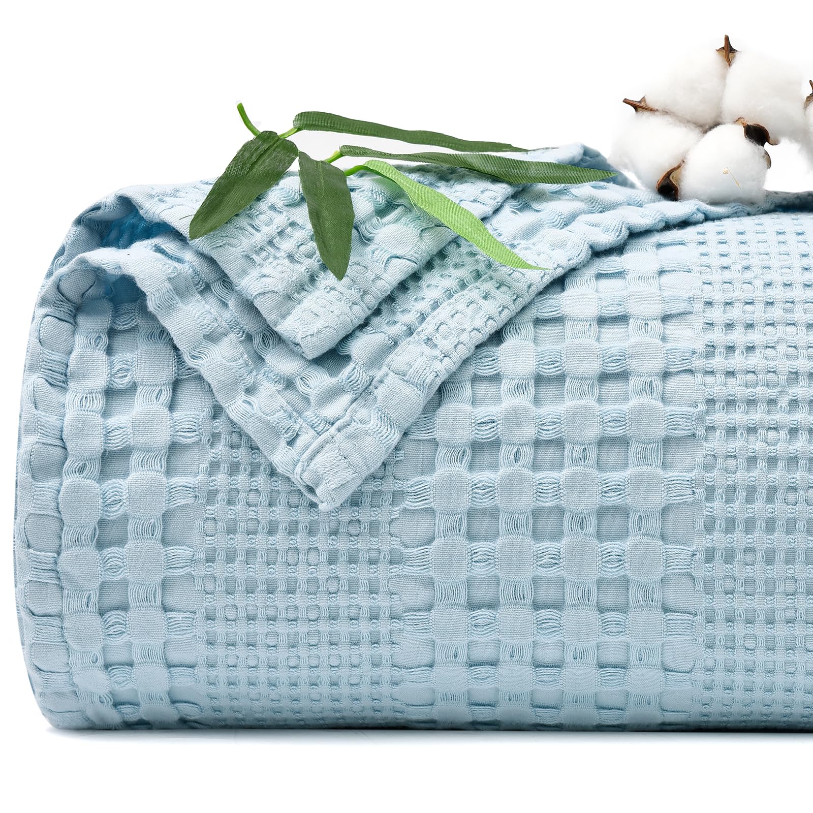 Phf Cooling Waffle Blanket Twin Size, Lightweight 60% Rayon Derived From Bamboo & 40% Cotton Breathable Blanket For Hot Sleepers, Soft And Luxury For Bed Couch And Sofa, 66'X90',Sky Blue