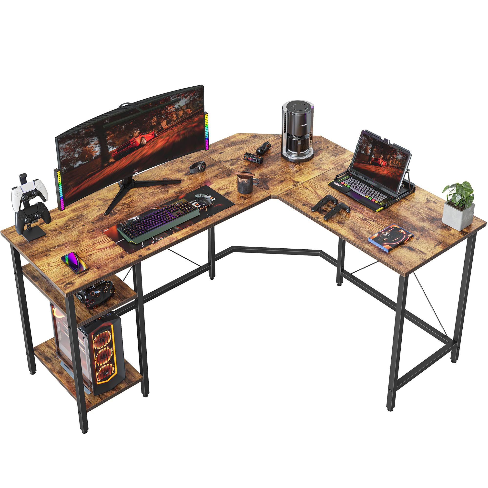 CubiCubi L Shaped Desk, 59.1 Inch Reversible Corner Desk with Storage Shelves, Home Office Desk for Writing Gaming Study, Warm B