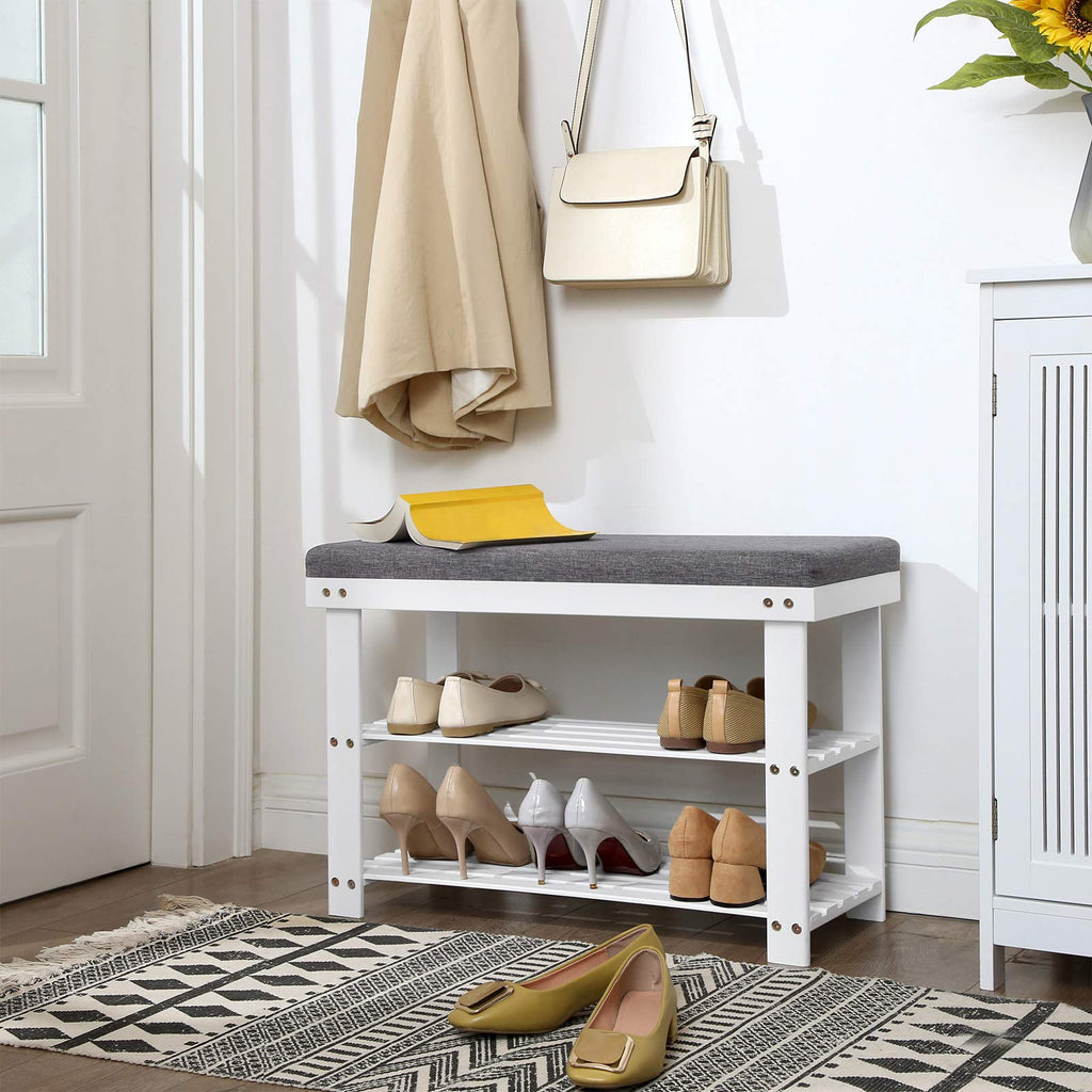 SONGMICS Bamboo Shoe Bench, 3-Tier Shoe Rack, 330 lb Capacity, 28" x 19.3", White and Gray