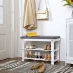 SONGMICS Bamboo Shoe Bench, 3-Tier Shoe Rack, 330 lb Capacity, 28" x 19.3", White and Gray