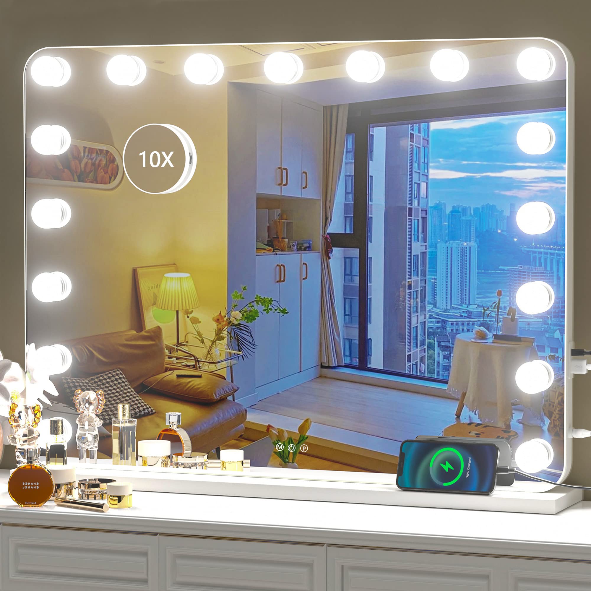 Hasipu Vanity Mirror with Lights, 32  x 24  Hollywood Mirror, Makeup Mirror with 17 Dimmable Bulbs and 10X Magnification, 3 Colo