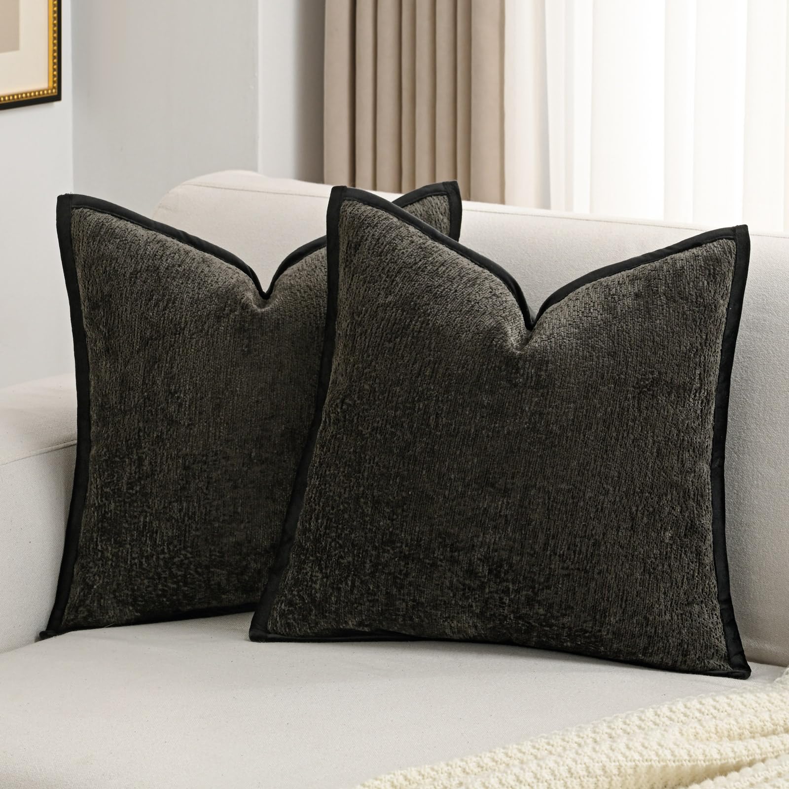 Futei Black Chenille Throw Pillow Covers 22X22 Inch Set Of 2,Soft Velvet Cushion Case,Home Decor For Couch Bed Living Room
