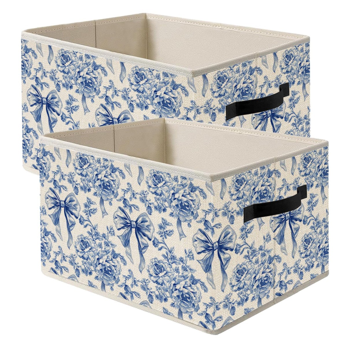 FITIE Blue and White Floral Bow Storage Bin Box with Handles, French Country Toile de Jouy Flower Foldable Organizer Basket Toyb