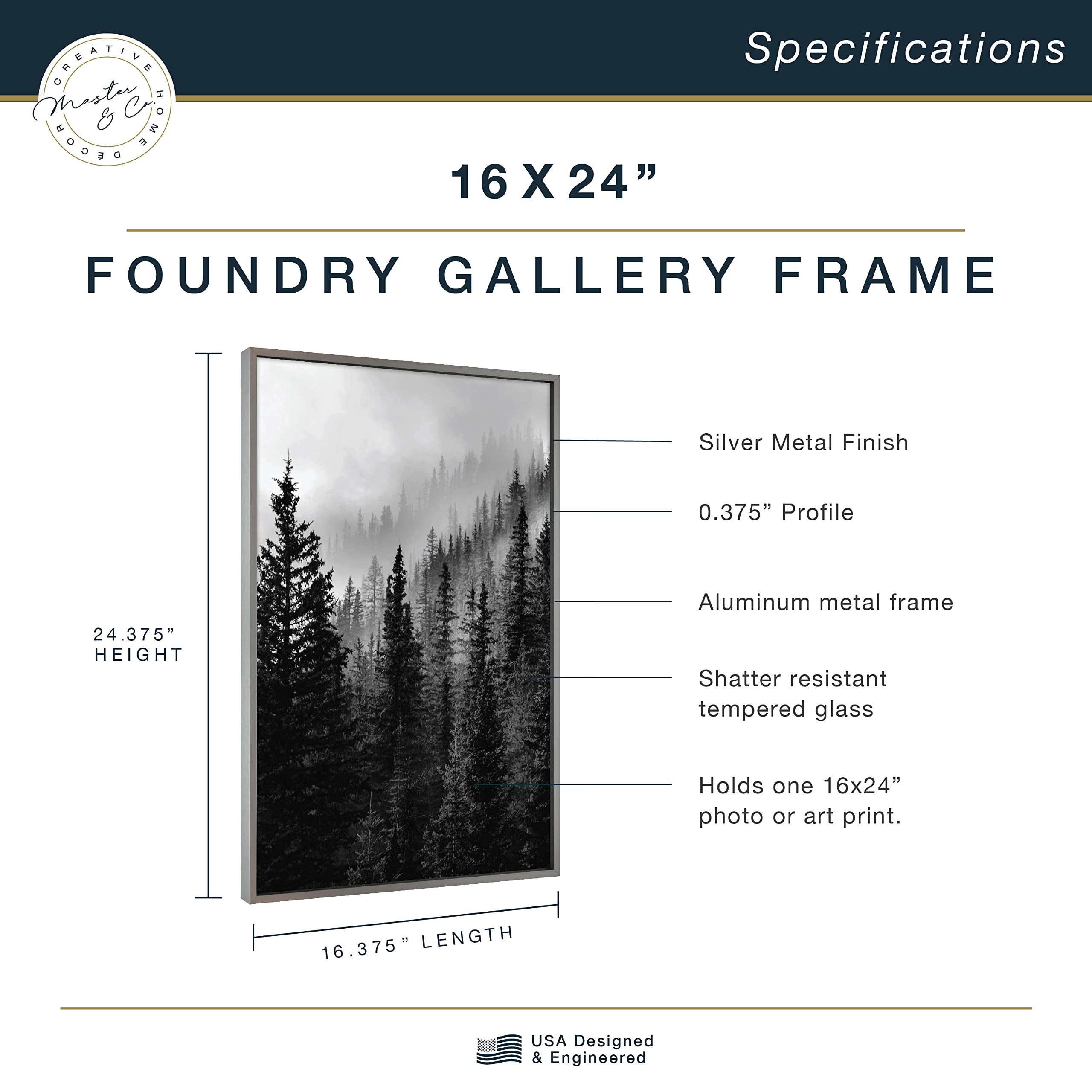 Mcs Master & Co. Foundry Metal Gallery Wall Frame, Dark Silver, 16 X 24 In Without Mat