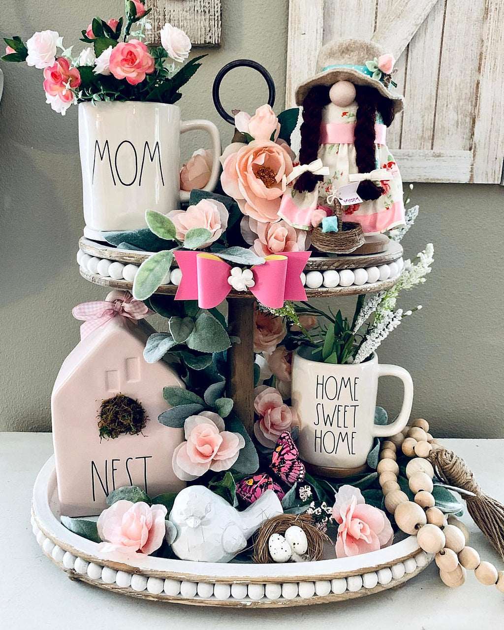 Lavender Inspired Farmhouse 2 Tiered Tray, Distressed Wood Beaded 2 Tiered Tray Stand With Metal Handle, Kitchen Island Decor, C