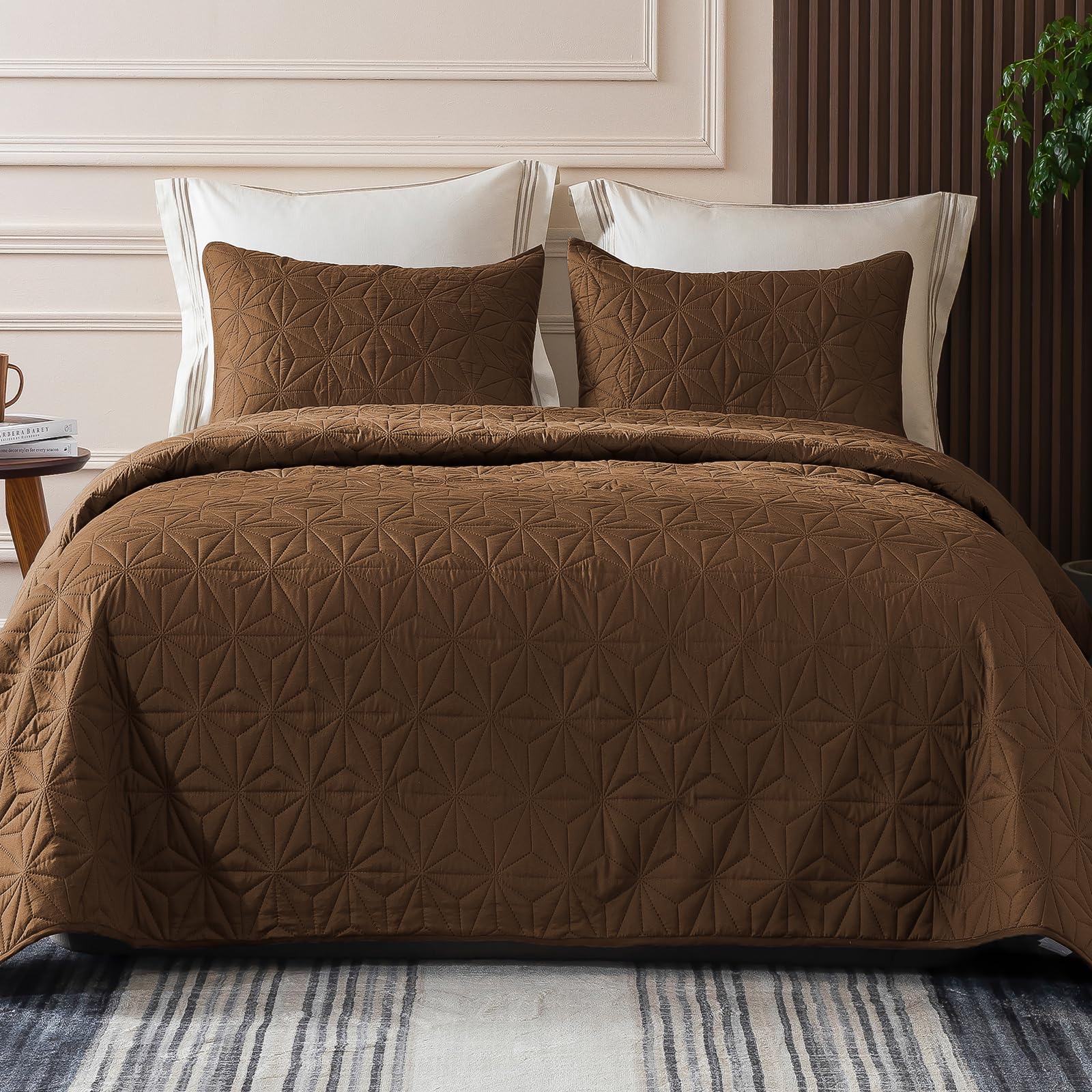 Whale Flotilla King Size Quilt Bedding Set, Soft Brown King Quilts Bedspreads For All Seasons, Lightweight Geometric Star Patter