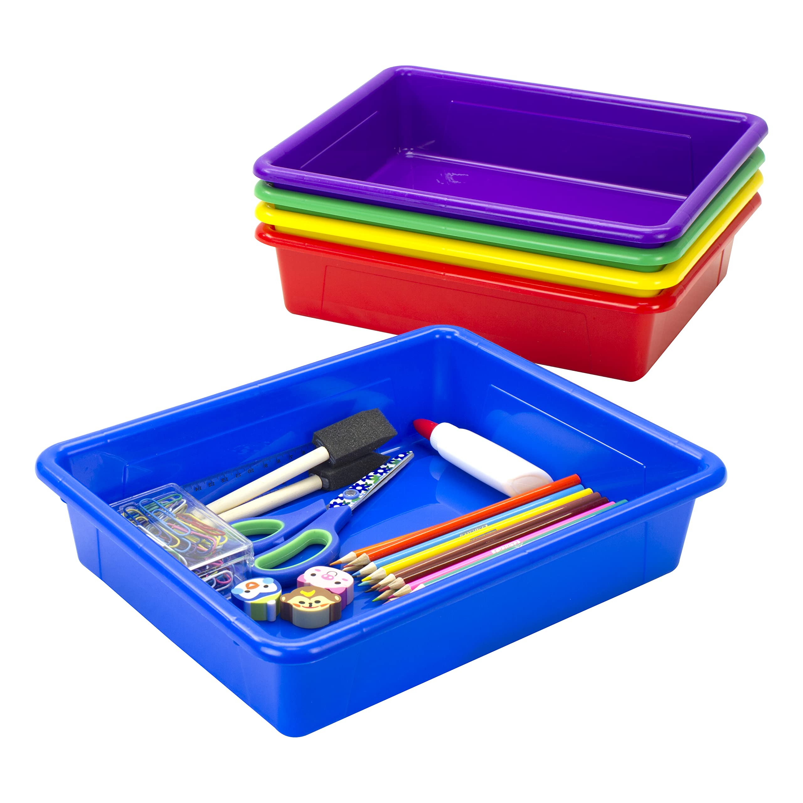 Storex Letter Size Flat Storage Tray - Organizer Bin For Classroom, Office And Home, Assorted Colors, 5-Pack (62514E05C)