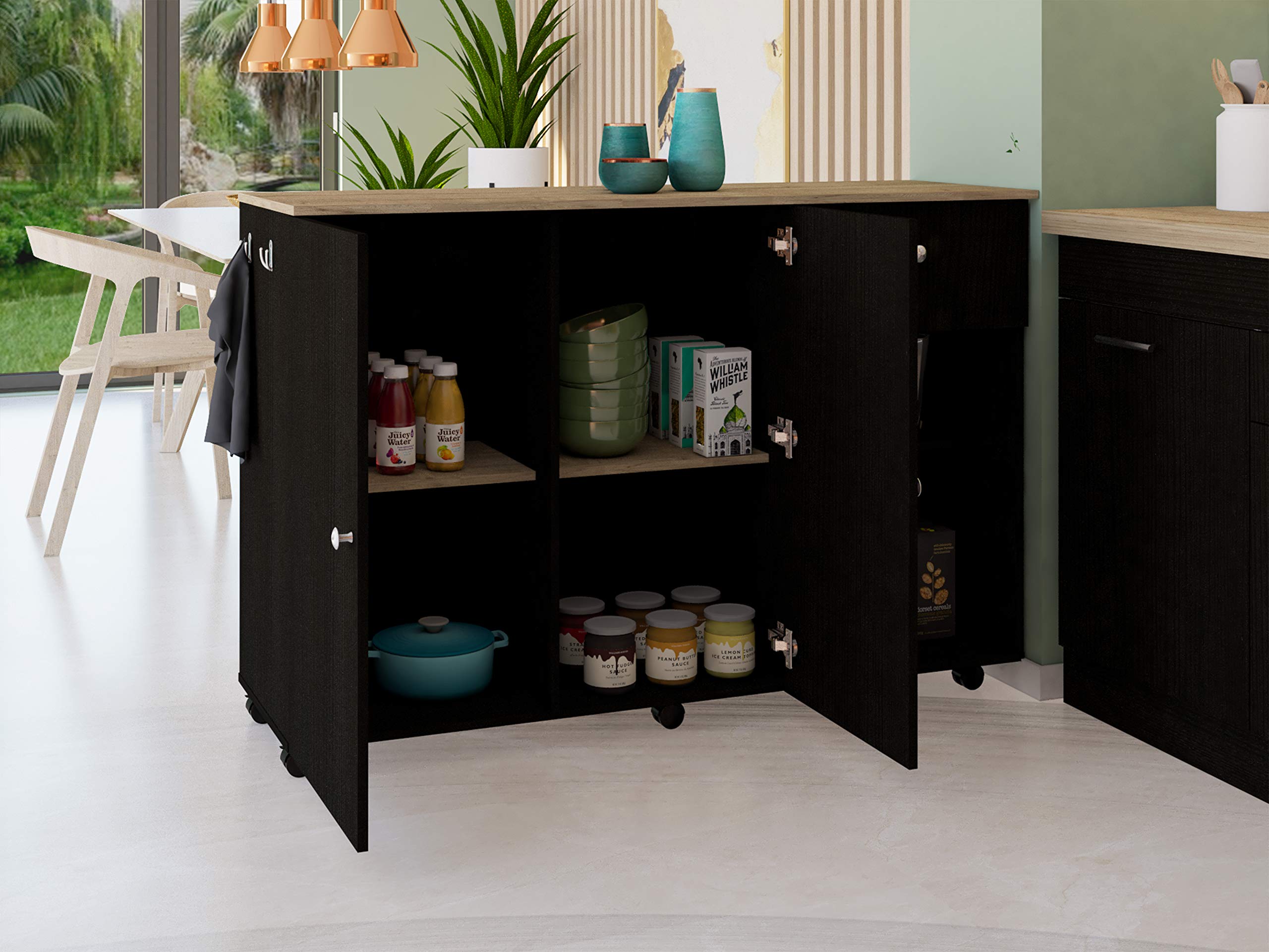 Syros Kitchen Island Cart, 6 Carter, 1 Drawer, Double Door Cabinet, 2 External Shelves, 4 Interior Shelves, Black/Macadamia