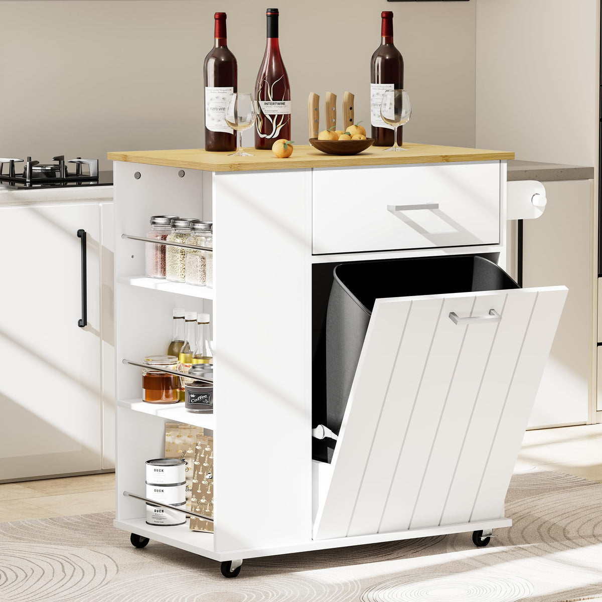 Hqzx Rolling Kitchen Island With Trash Can Storage, Portable Kitchen Island On Wheels With Towel Rack & Spice Rack, Tilt Out Tra