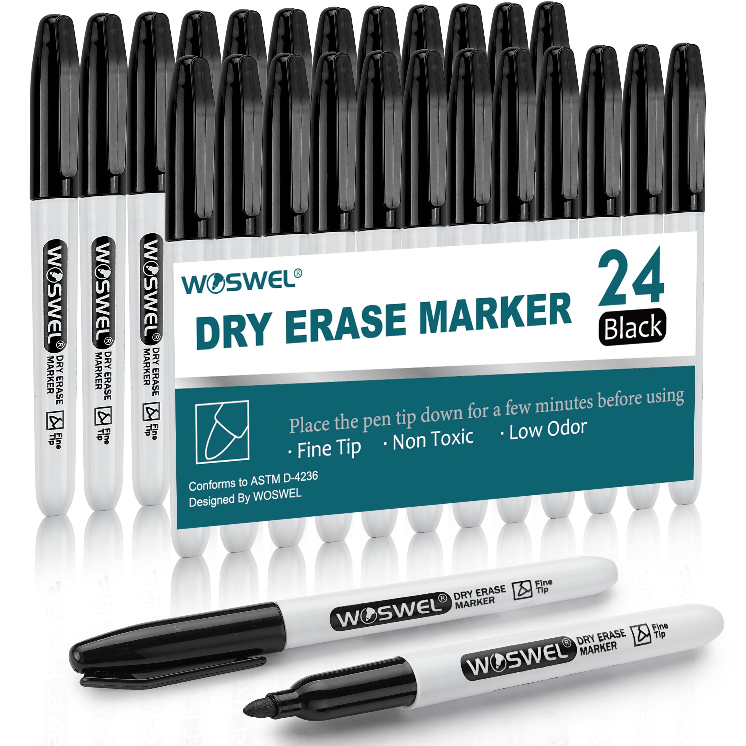 Woswel Dry Erase Markers,24 Pack Black Fine Tip Whiteboard Markers, Round Point Low Odor Dry Erase Marker For School Office And