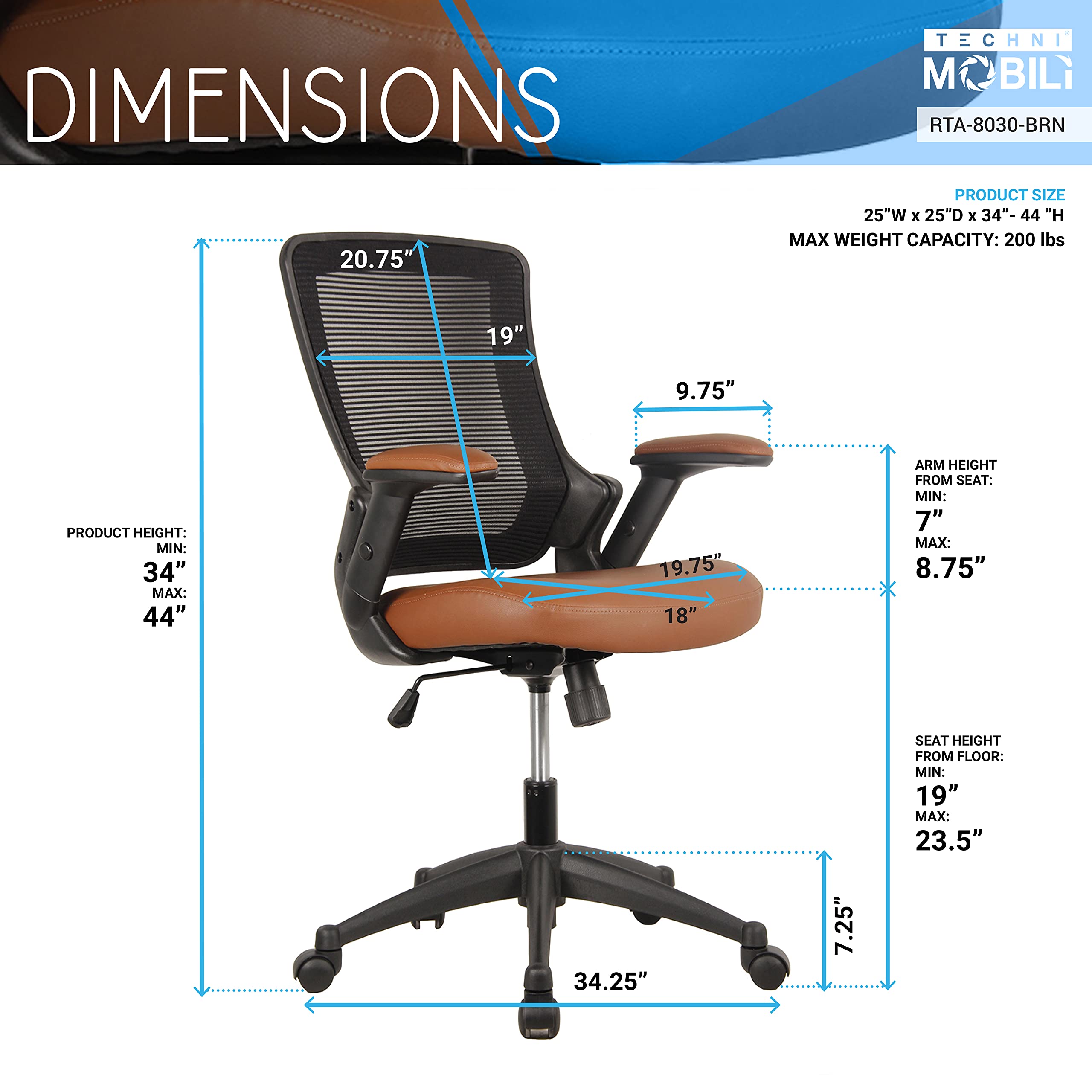 Ergonomic Office Chair with Mesh Back Rest, Height Adjustable with Flip Up Arms and Swivel, Mid-Back Task Home Office Chair, Brown