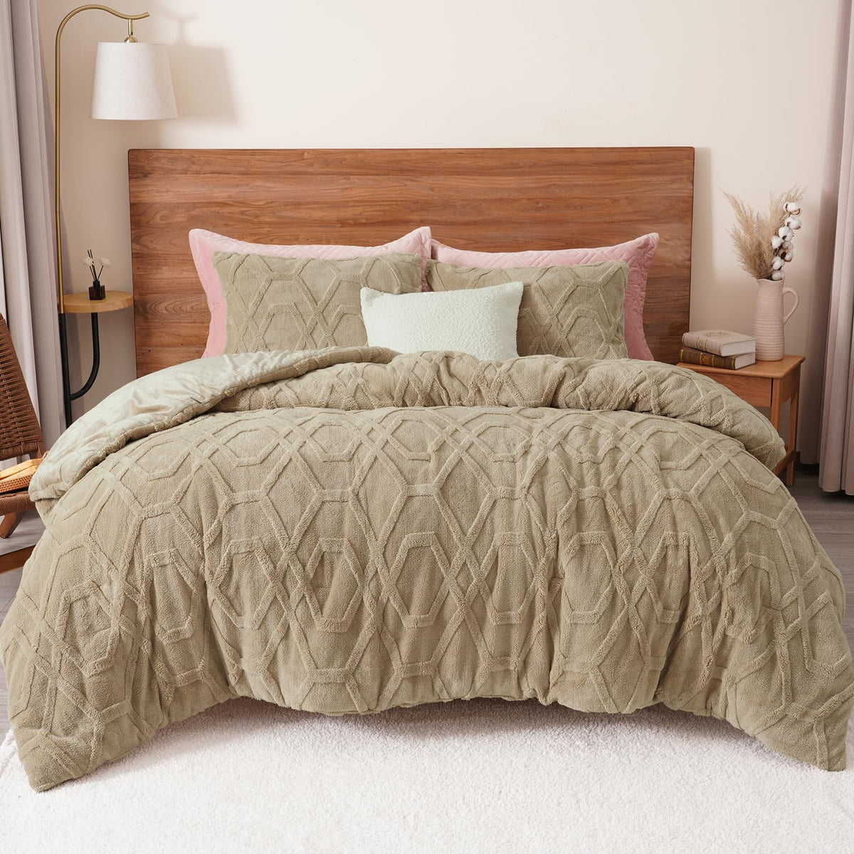 Phf Warm Sherpa Fleece King Comforter Set, 3D Tufted Fluffy Khaki Bedding For Winter, Soft 2 Pieces Shaggy Bed Set, 1 Comforter