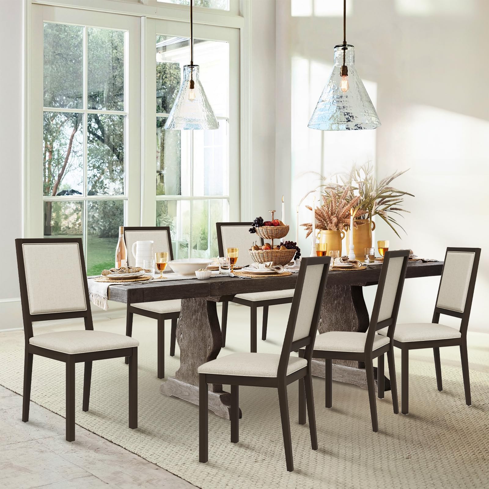 COLAMY Upholstered Kitchen Dining Chairs Set of 6, Wood Dining Chairs with Back, 19 Inch Fabric Farmhouse Dining Room Side Chair