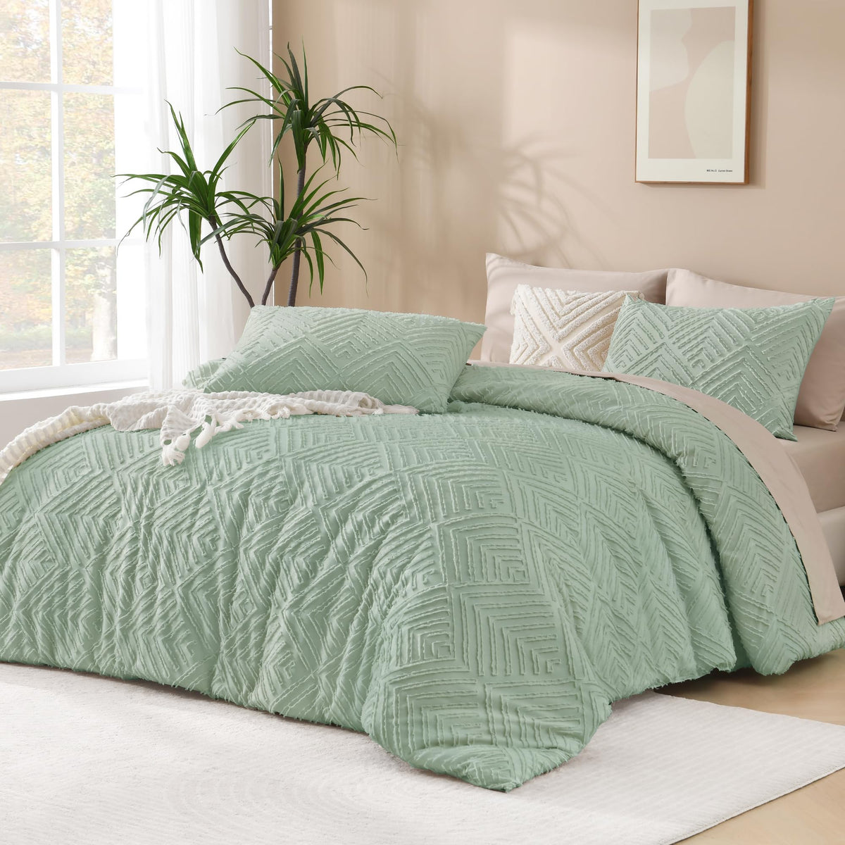 Andency Sage Green Boho Queen Comforter Set, Lightweight And Fluffy Bedding Set For Queen Bed, 3 Pieces Tufted Farmhouse Design For All Seasons (90X90Inches, 1 Comforter And 2 Pillow Shams)