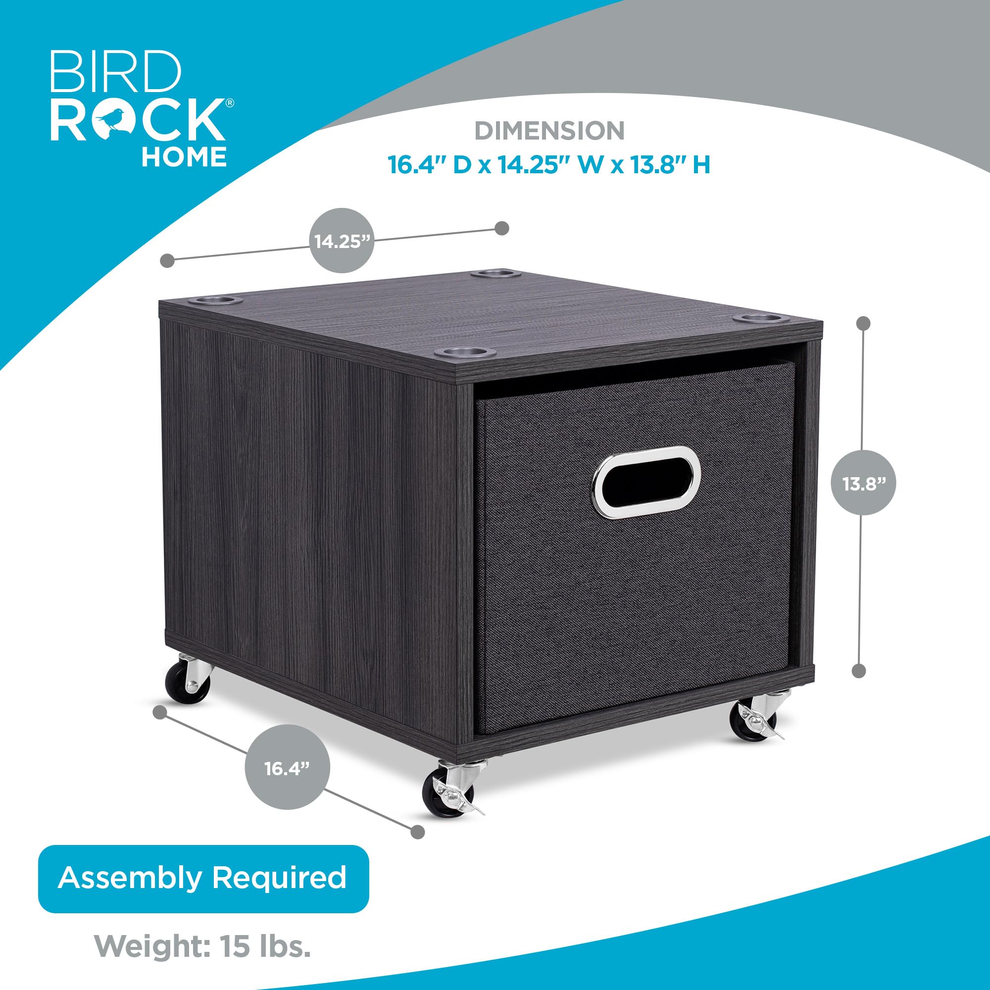 Birdrock Home Rolling File Cabinet – Decorative Storage Shelf W/Removable Bins, Handles, And Wheels – Organize Files, Books, Toys, Under Desk Office Solution, Modern Design - 1 Lateral Drawer, Gray