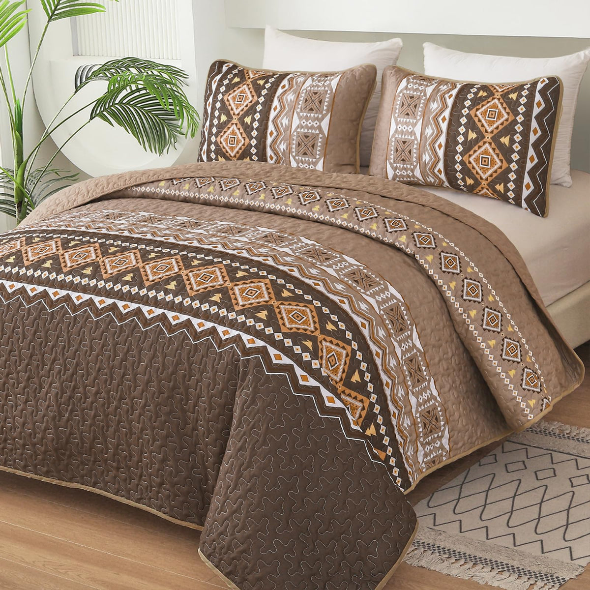 Wongs Bedding Boho Quilt Set King Size,3 Pieces Brown Geometry Printed Bedspread Coverlet Set,Lightweight Microfiber Bedding Set
