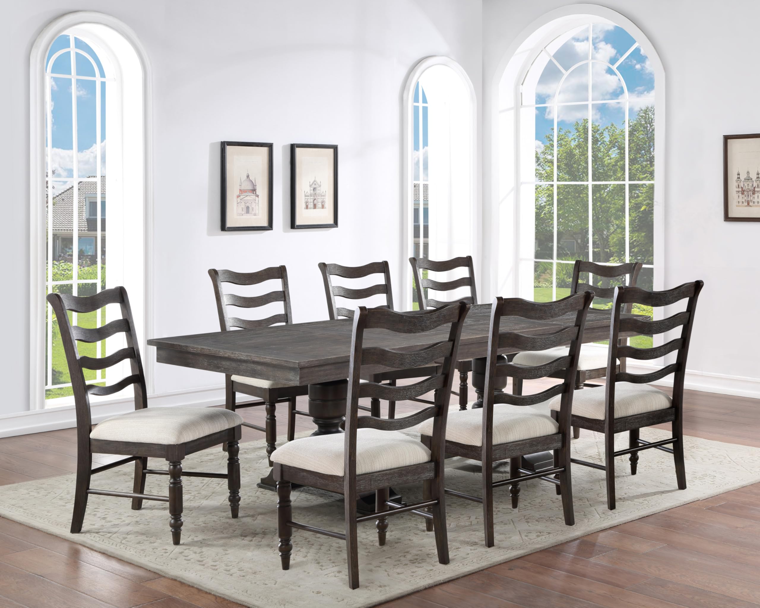 Steve Silver Furniture Hutchins 9pc Dining Table Set, Includes One 59 to 95-Inch Dining Table with Two 18-Inch Leaves and 8 Upholstered Side Chairs, Dining Room, 59" L x 42" W x 30" H, Brown