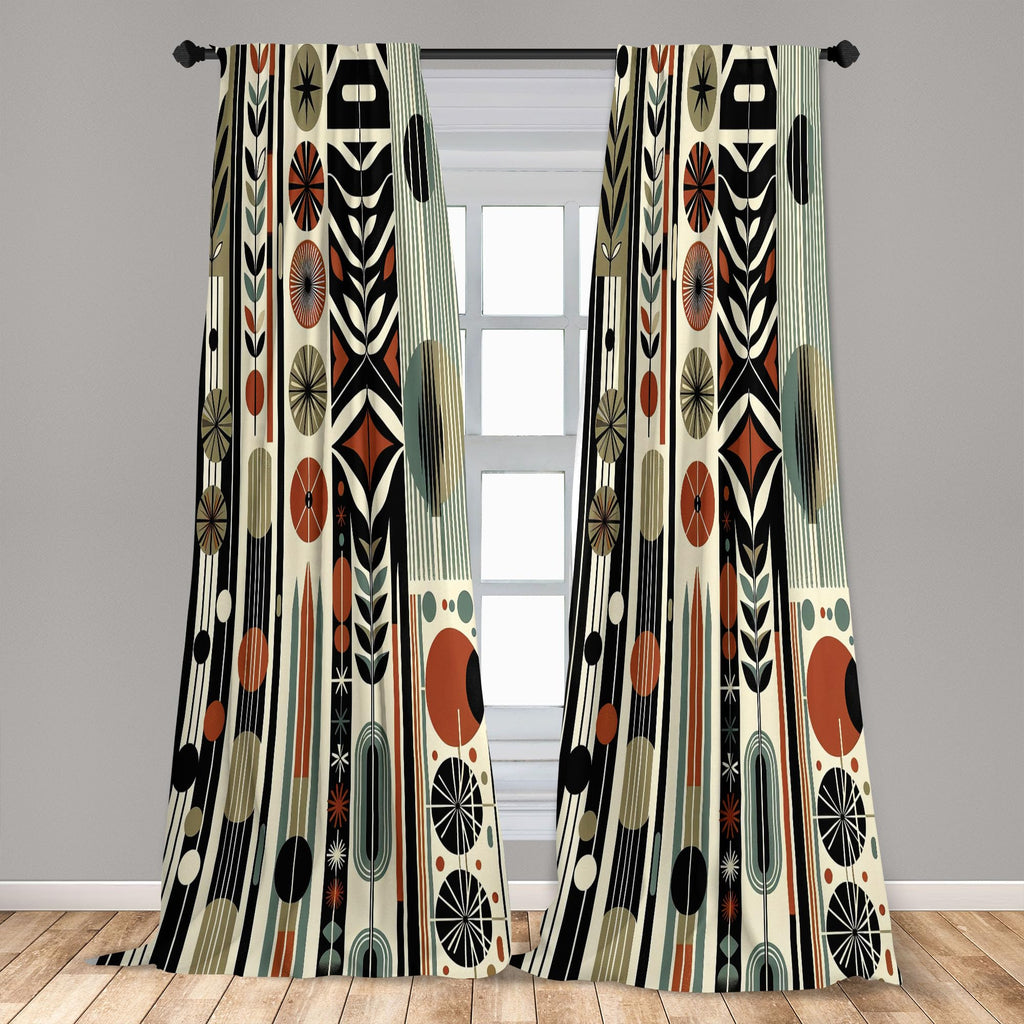 Ambesonne Bohemian Window Curtains Pack Of 2, Mid Century Modern Themed Circular Motifs Ovals And Stripes Geometric, Lightweight