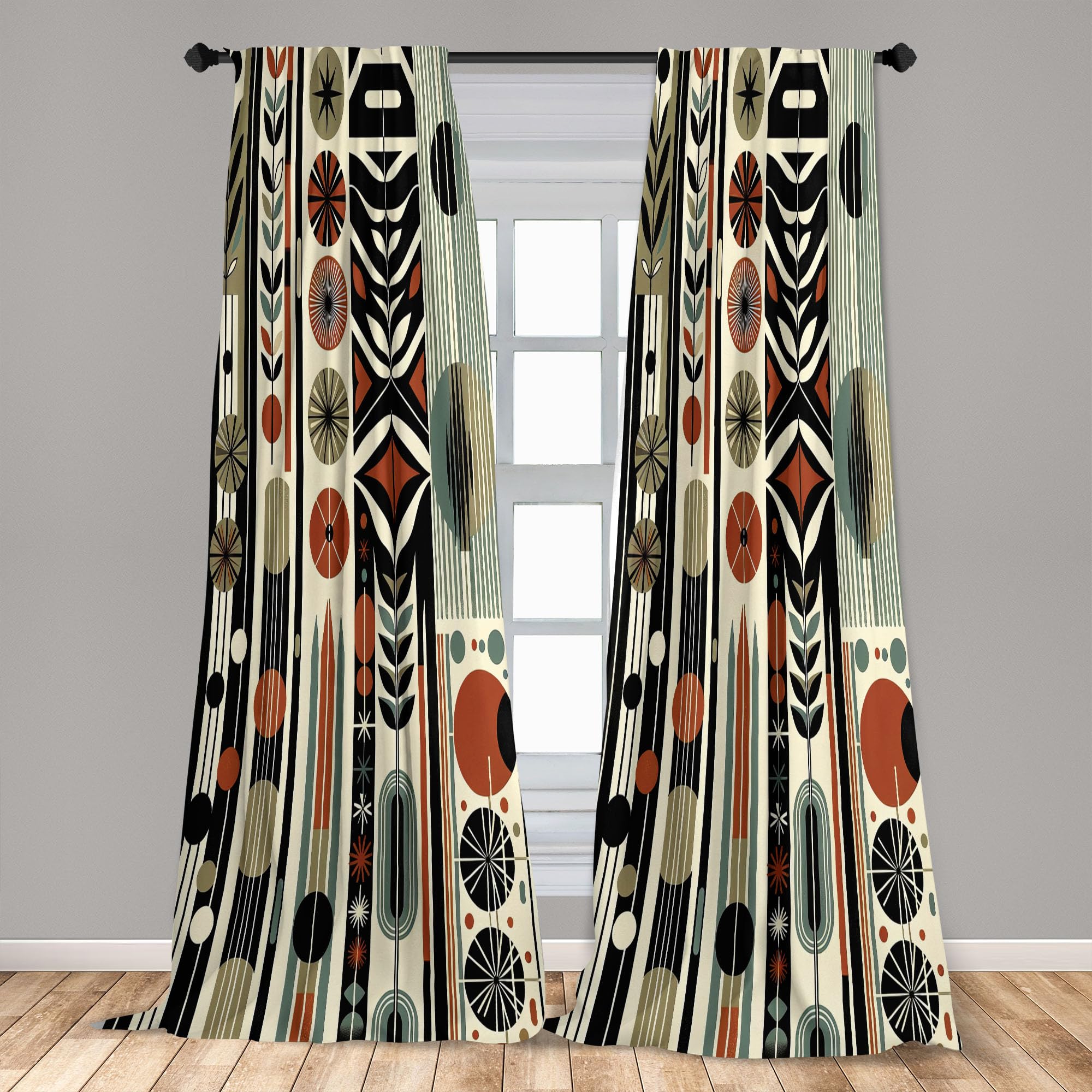 Ambesonne Bohemian Window Curtains Pack Of 2, Mid Century Modern Themed Circular Motifs Ovals And Stripes Geometric, Lightweight