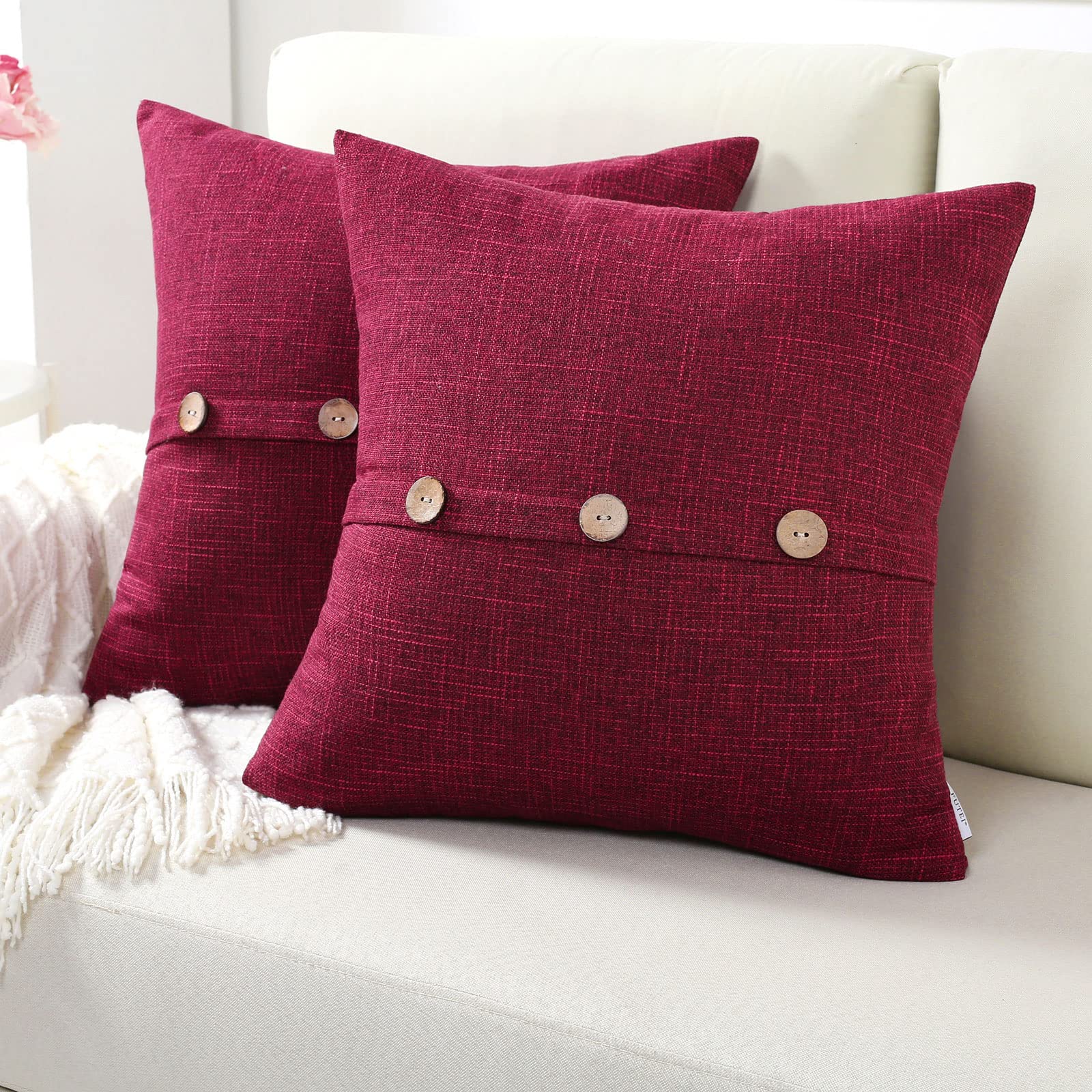 Futei Burgundy Linen Decorative Throw Pillow Covers 18X18 Inch Set Of 2, Square Cushion Case With Vintage Button/Zipper,Modern F
