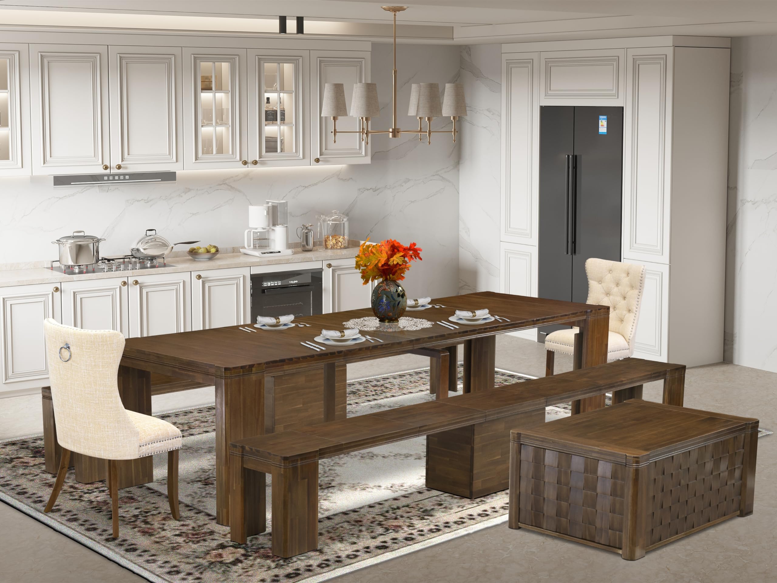Luxe by East West Furniture - X02DA-2C8-32 - 6 Pieces Dining Table Set includes an Extendable Rectangle Kitchen Table, 1 Coffee Table, 2 Dining Chairs and 2 Benches, 39x120 Inch, Antique Walnut