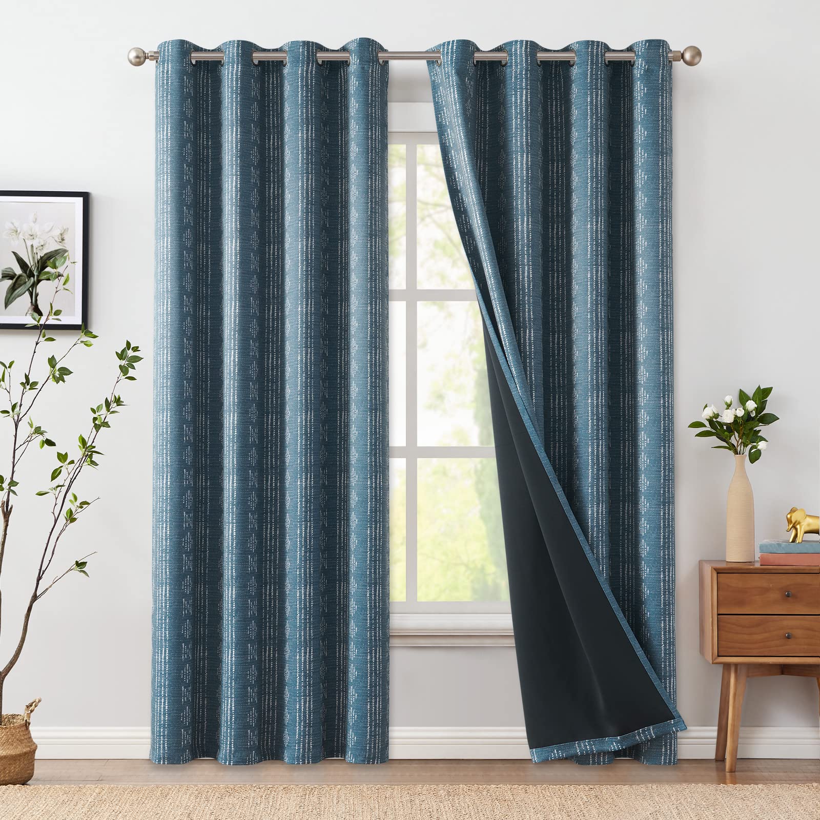 Jinchan 100% Blackout Boho Curtains 90 Inches Long For Bedroom White On Blue Geometric Printed Grommet Top Room Darkening Therma