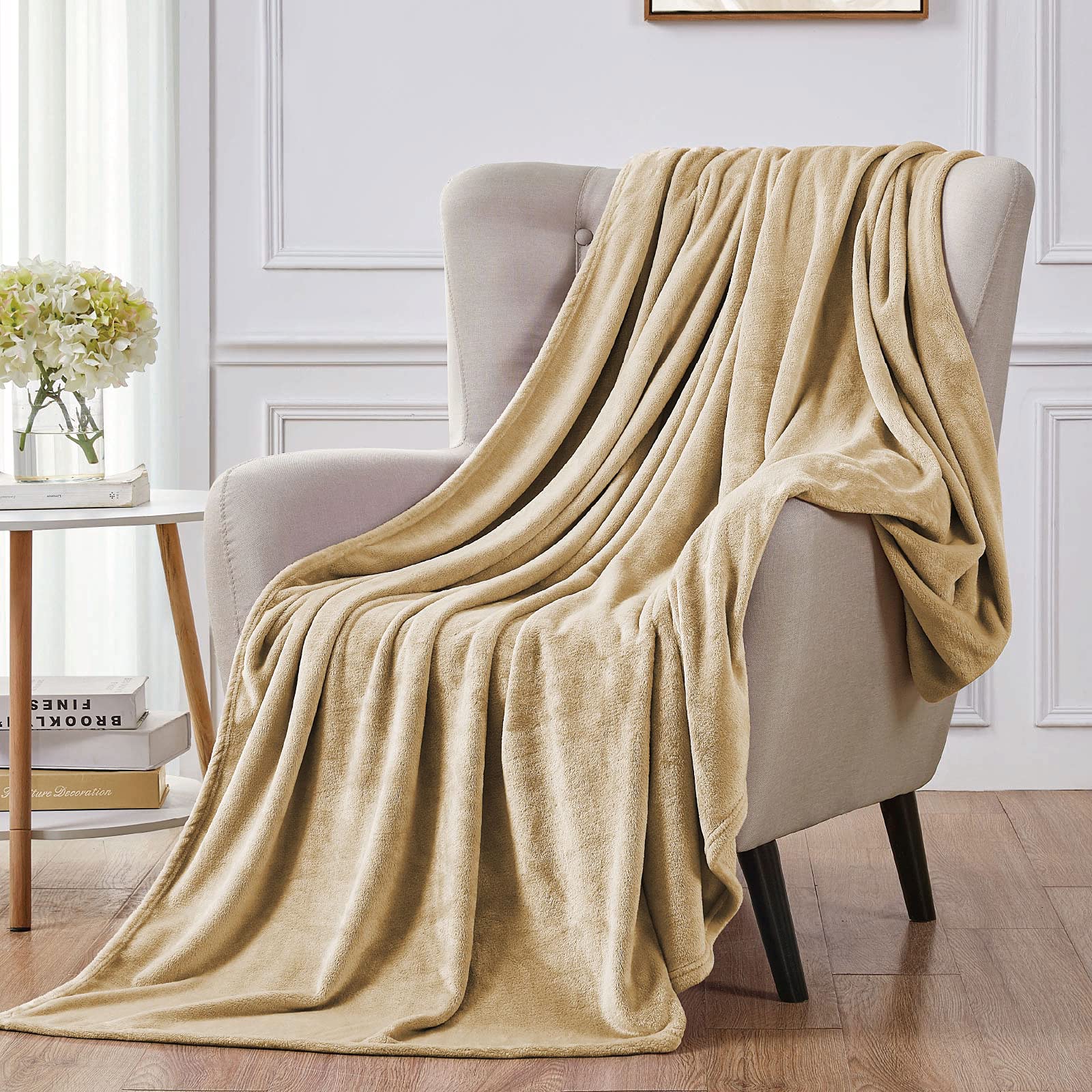 Walensee Fleece Blanket Plush Throw Fuzzy Lightweight (Queen Size 90X90 Tan Camel/Taupe) Super Soft Microfiber Flannel Blankets