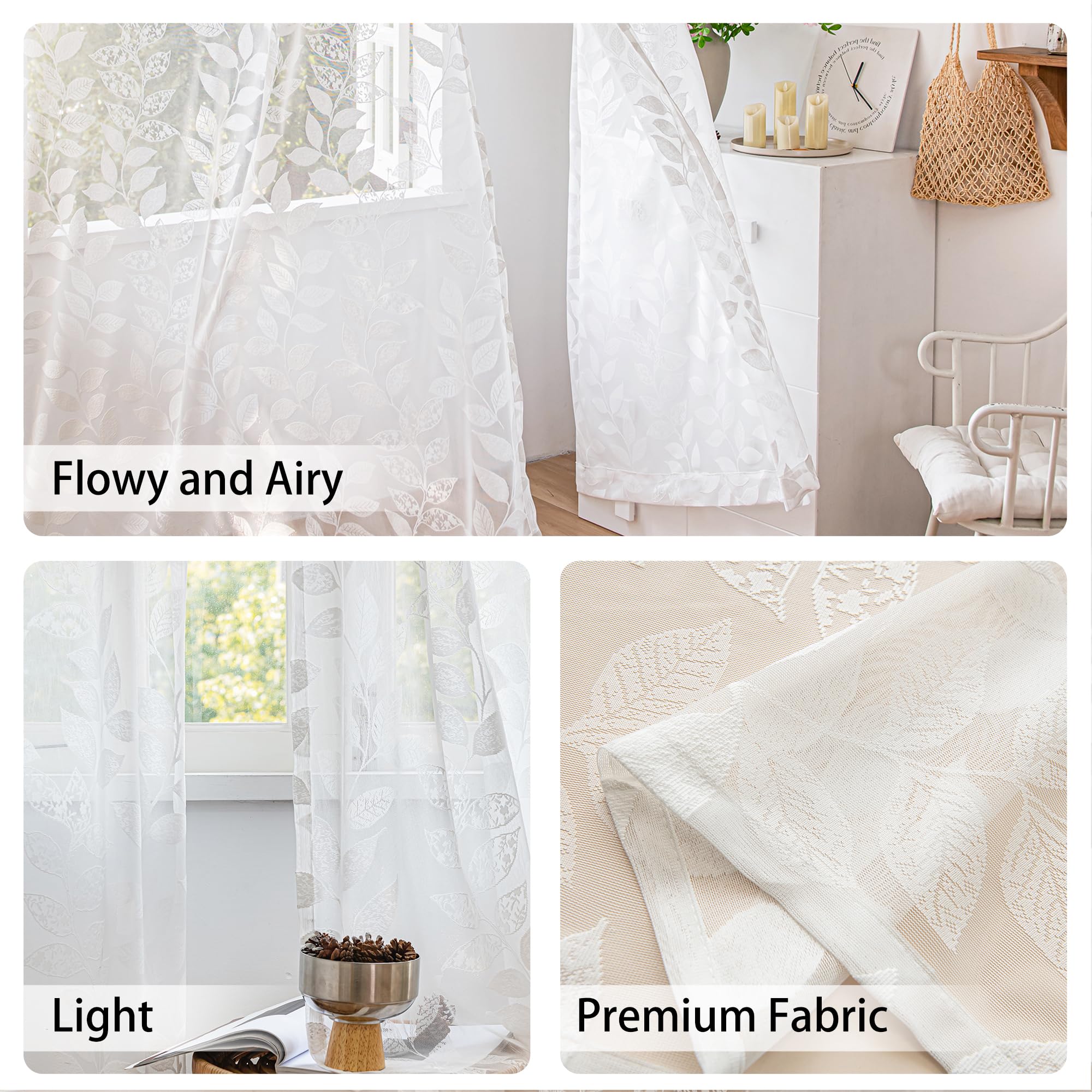 Treatmentex White Lace Sheer Curtains 63Inch Vintage Leaf Knitted Window Curtain Drapes For Living Room Bedroom Light Filtering