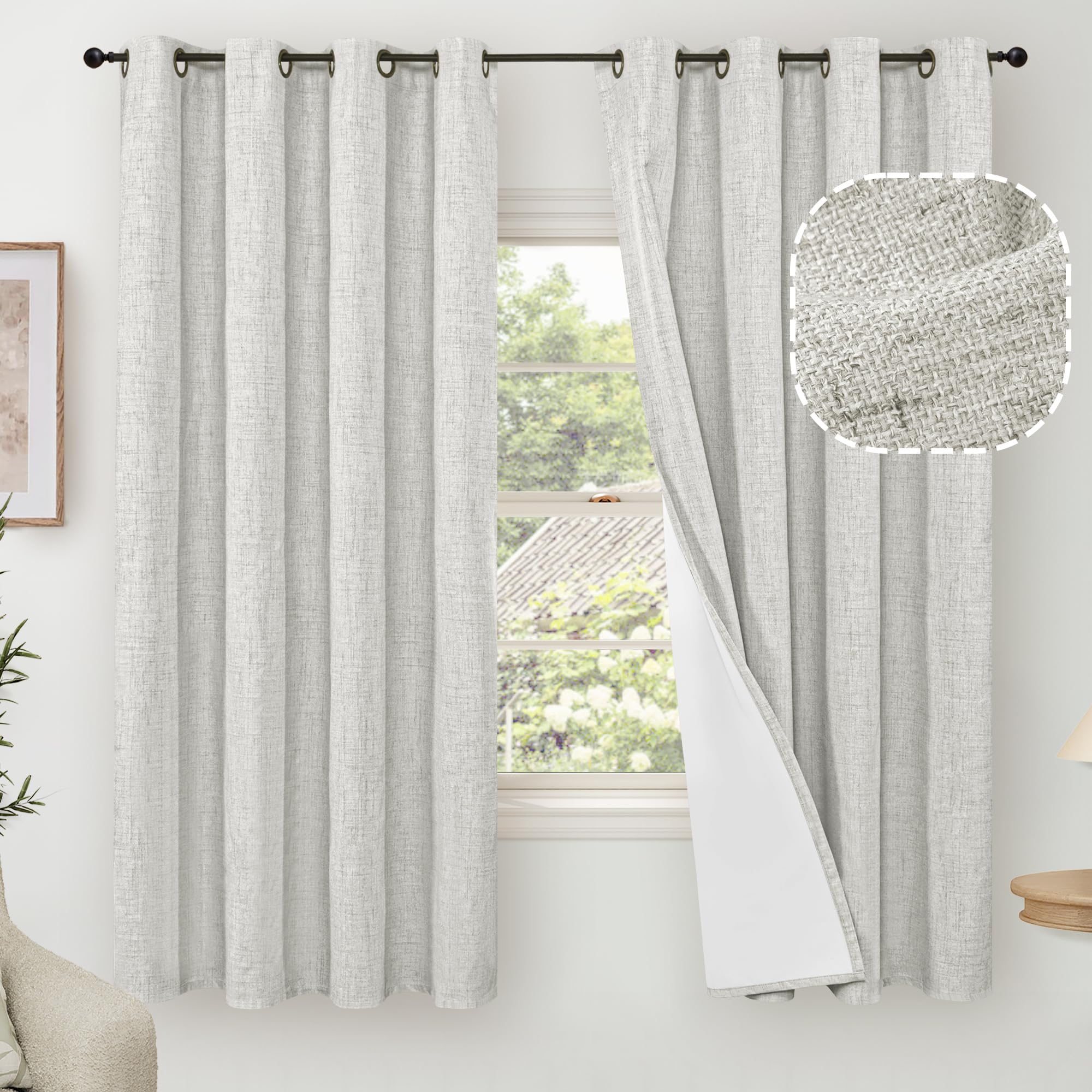 Lajode Linen 100% Blackout Curtains For Bedroom 63 Inch Length 2 Panels, Thermal Insulated Complete Light Blocking Noise Reducin