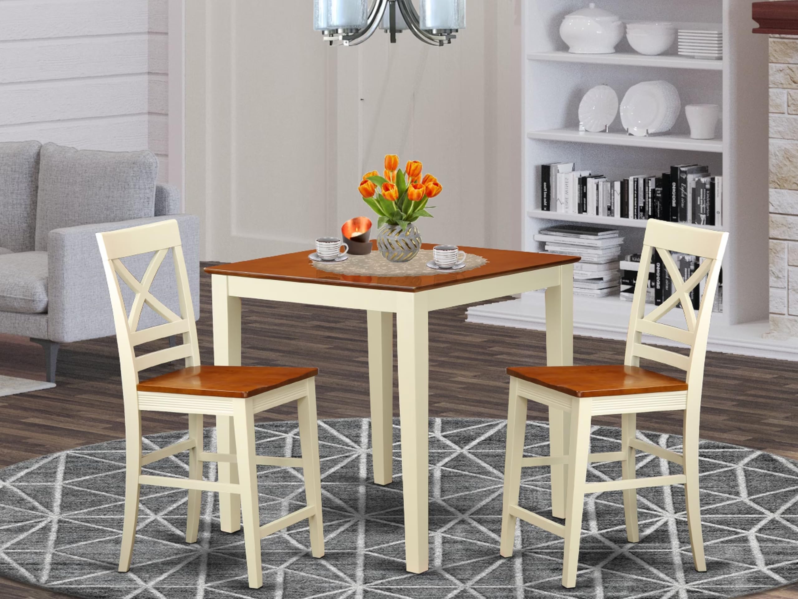 East West Furniture VNQU3-WHI-W 3 Piece Kitchen Counter Height Dining Table Set Contains a Square Pub Table and 2 Dining Room Chairs, 36x36 Inch, Buttermilk & Cherry