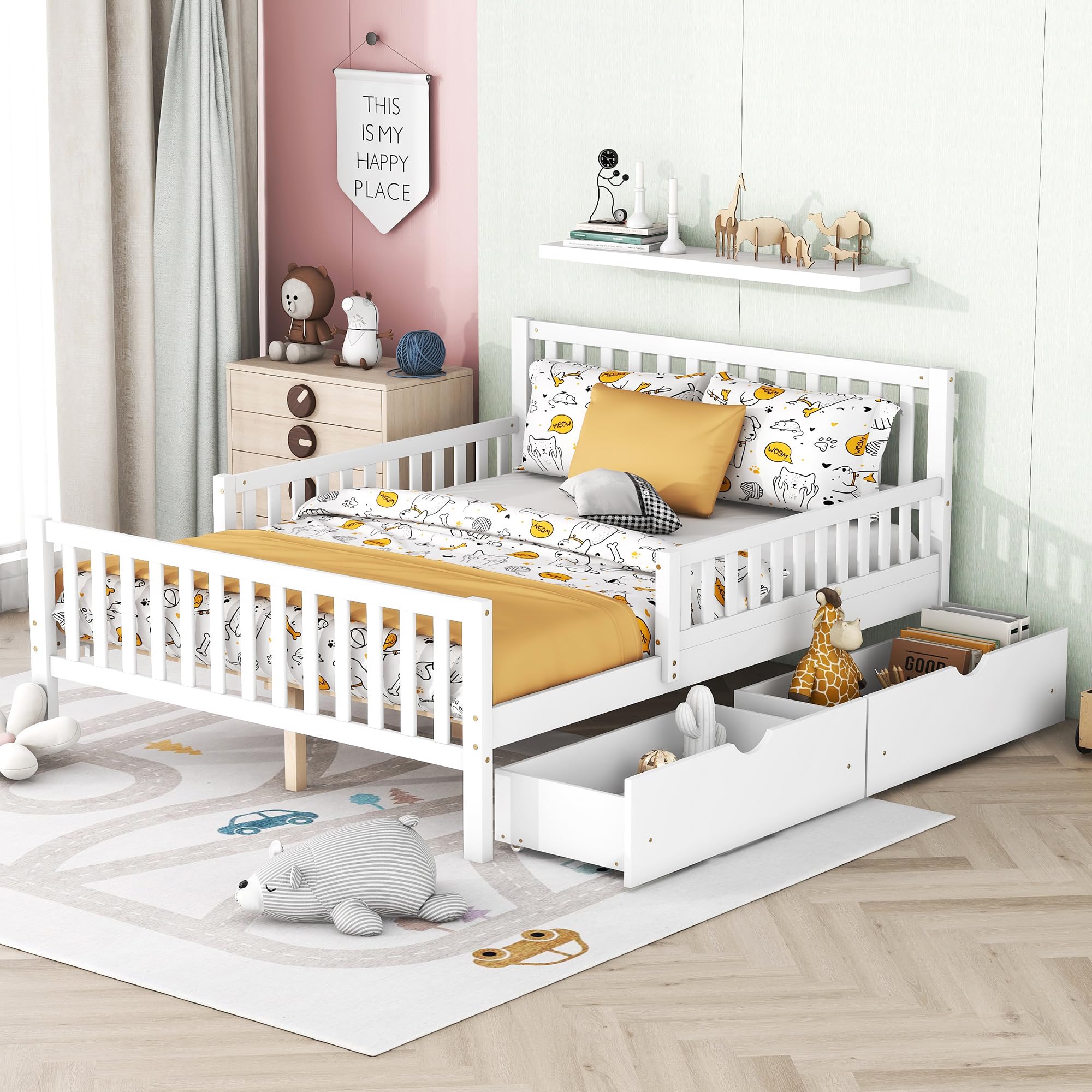 Merax Full Bed Frame with Storage Drawers and Safety Guardrails on Both Sides, Wood Platform Bed & Headboard and Footboard for K