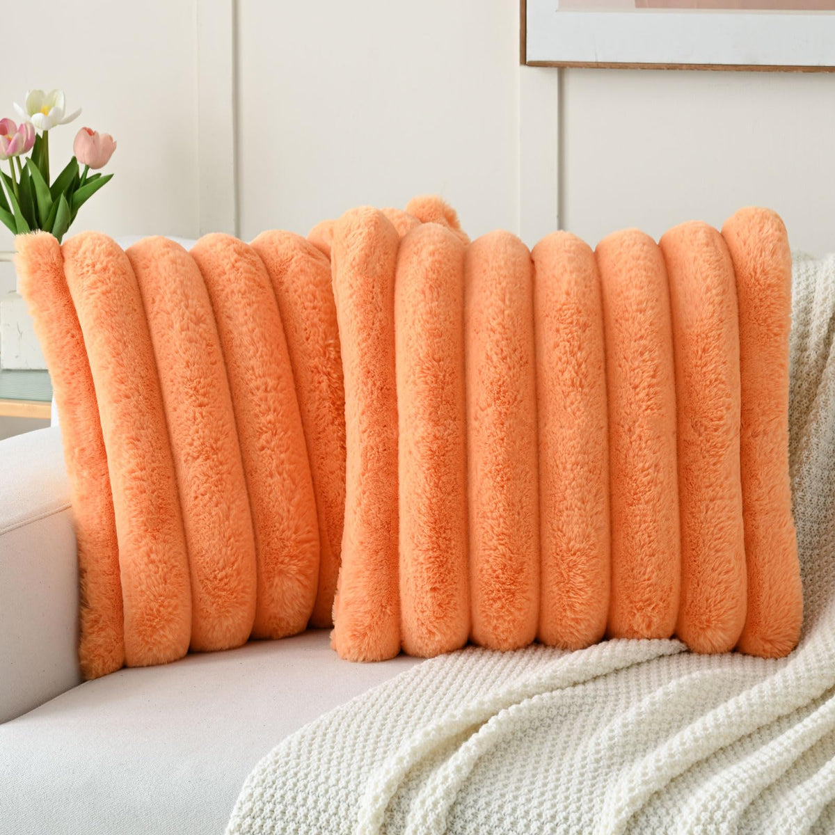 Futei Orange Decorative Throw Pillow Covers 16X16 Inch Set Of 2, Square Soft Faux Rabbit Fur Big Striped Cushion Cover,Home Deco