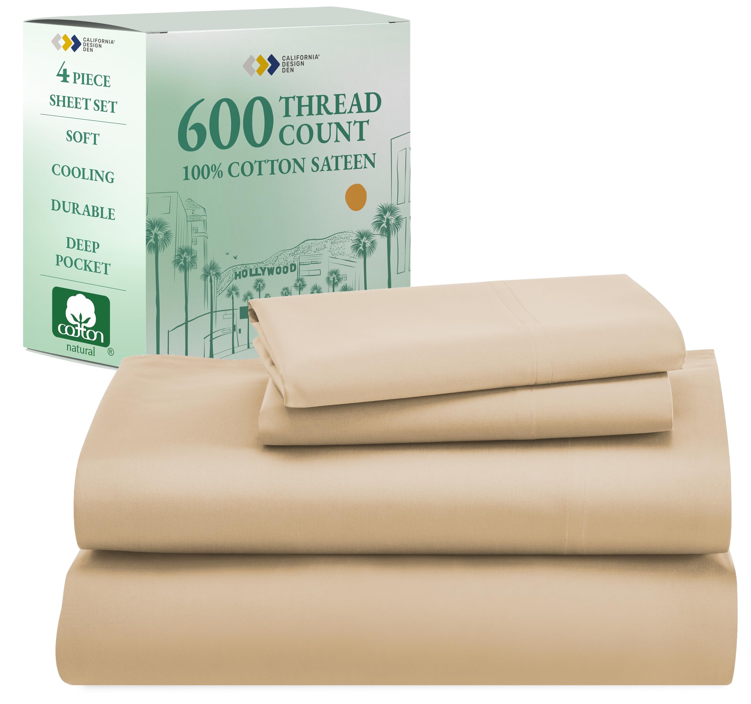 California Design Den 100% Cotton Full Sheet Set, 600 Thread Count Sateen, Soft, Cooling Bed Sheet With Deep Pockets, Hotel-Qual