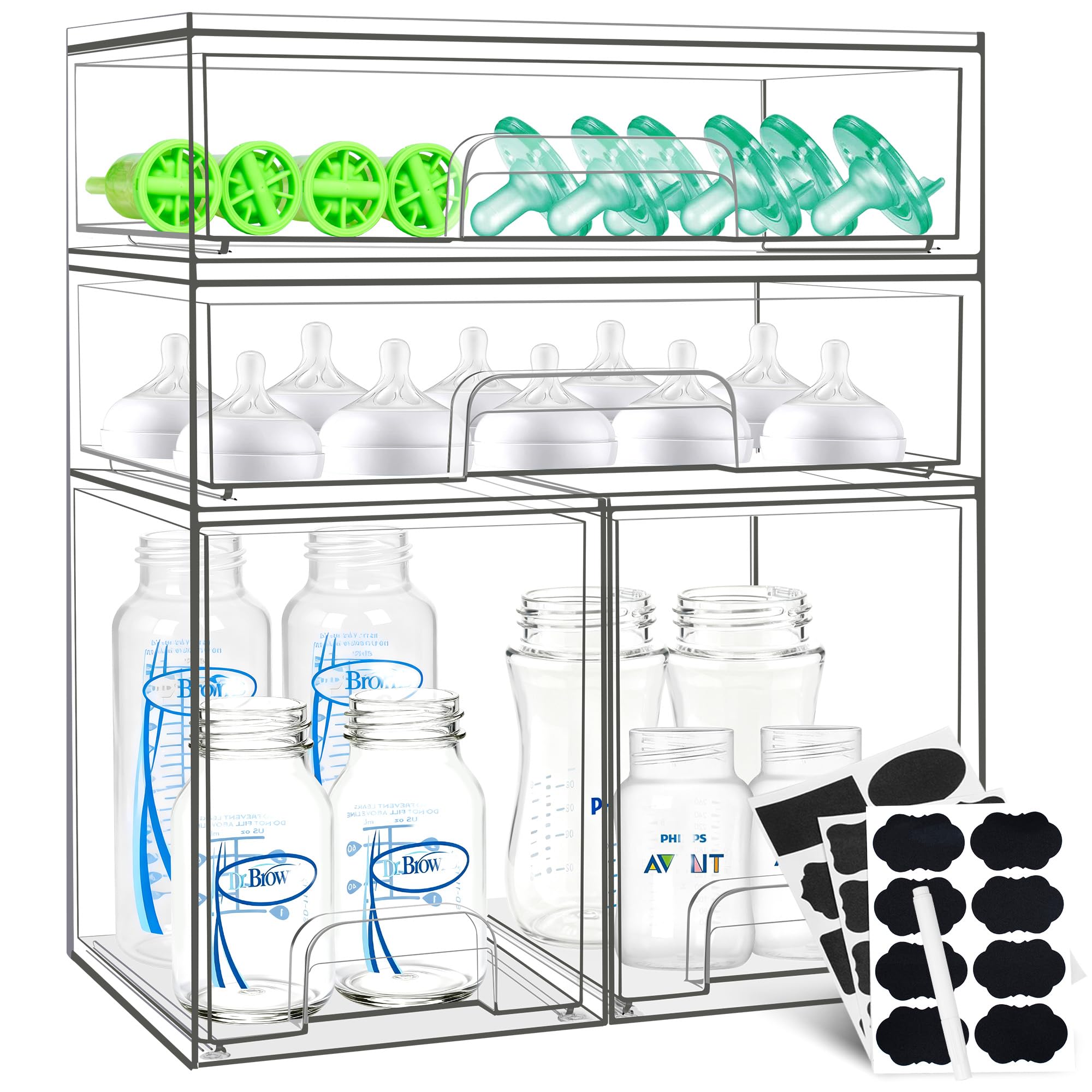 Baby Bottle Organizer, 4 Pack Stackable Storage Drawers with Labels, Clear Station Organizers Container for Pacifiers, Pump Part