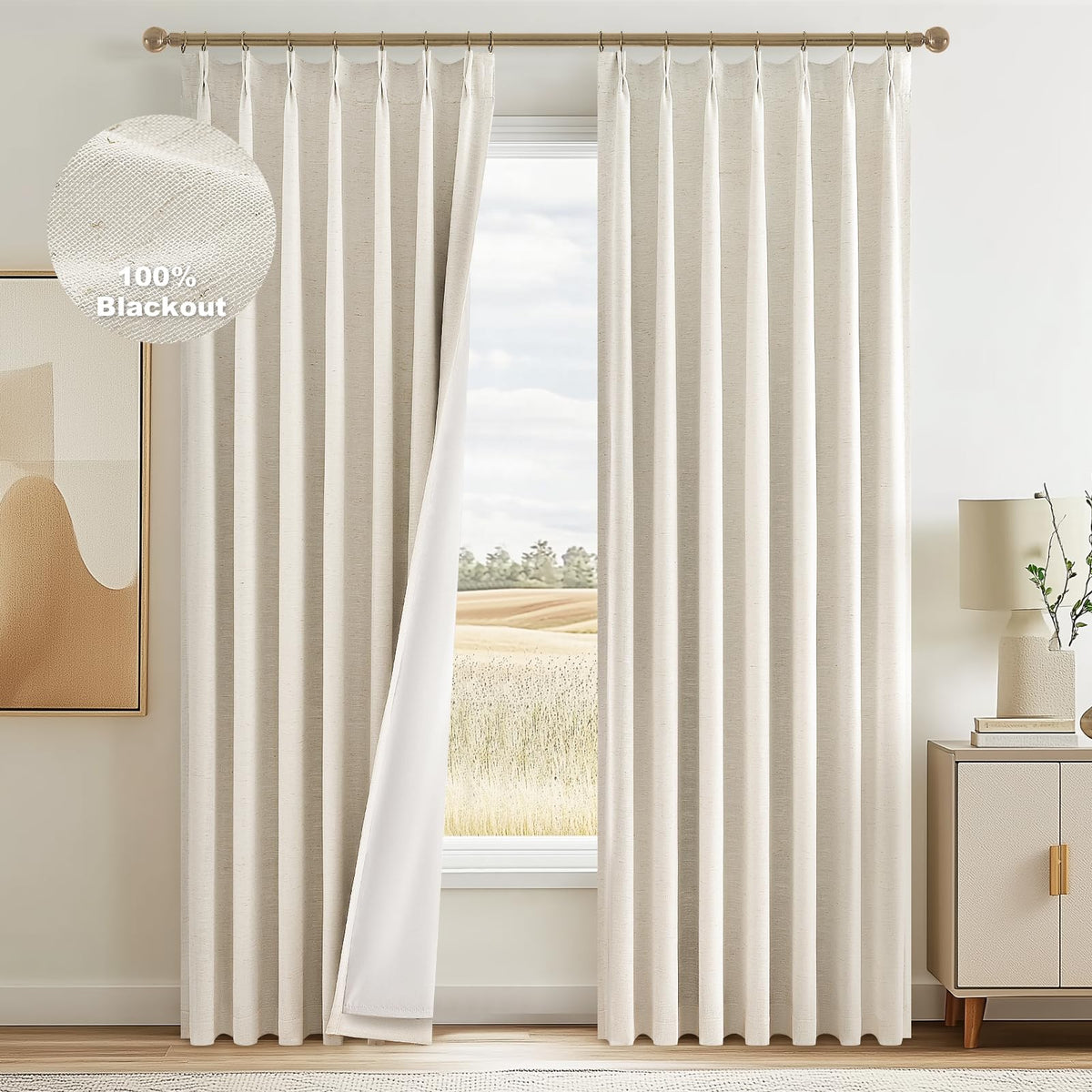 Topfinel 105 Inches Long Black Out Faux Double Layer Thick Linen Drapery Panels, Pinch Pleated Heat Reflective Cream Curtains Wi