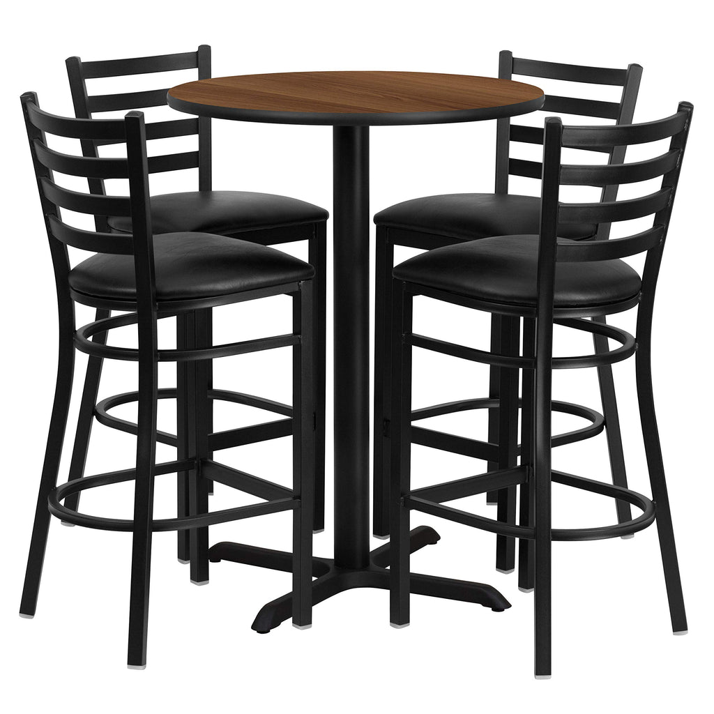 Flash Furniture 30'' Round Walnut Laminate Table Set with X-Base and 4 Ladder Back Metal Barstools - Black Vinyl Seat