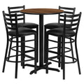 Flash Furniture 30'' Round Walnut Laminate Table Set with X-Base and 4 Ladder Back Metal Barstools - Black Vinyl Seat