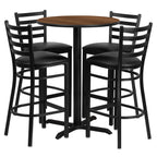 Flash Furniture 30'' Round Walnut Laminate Table Set with X-Base and 4 Ladder Back Metal Barstools - Black Vinyl Seat