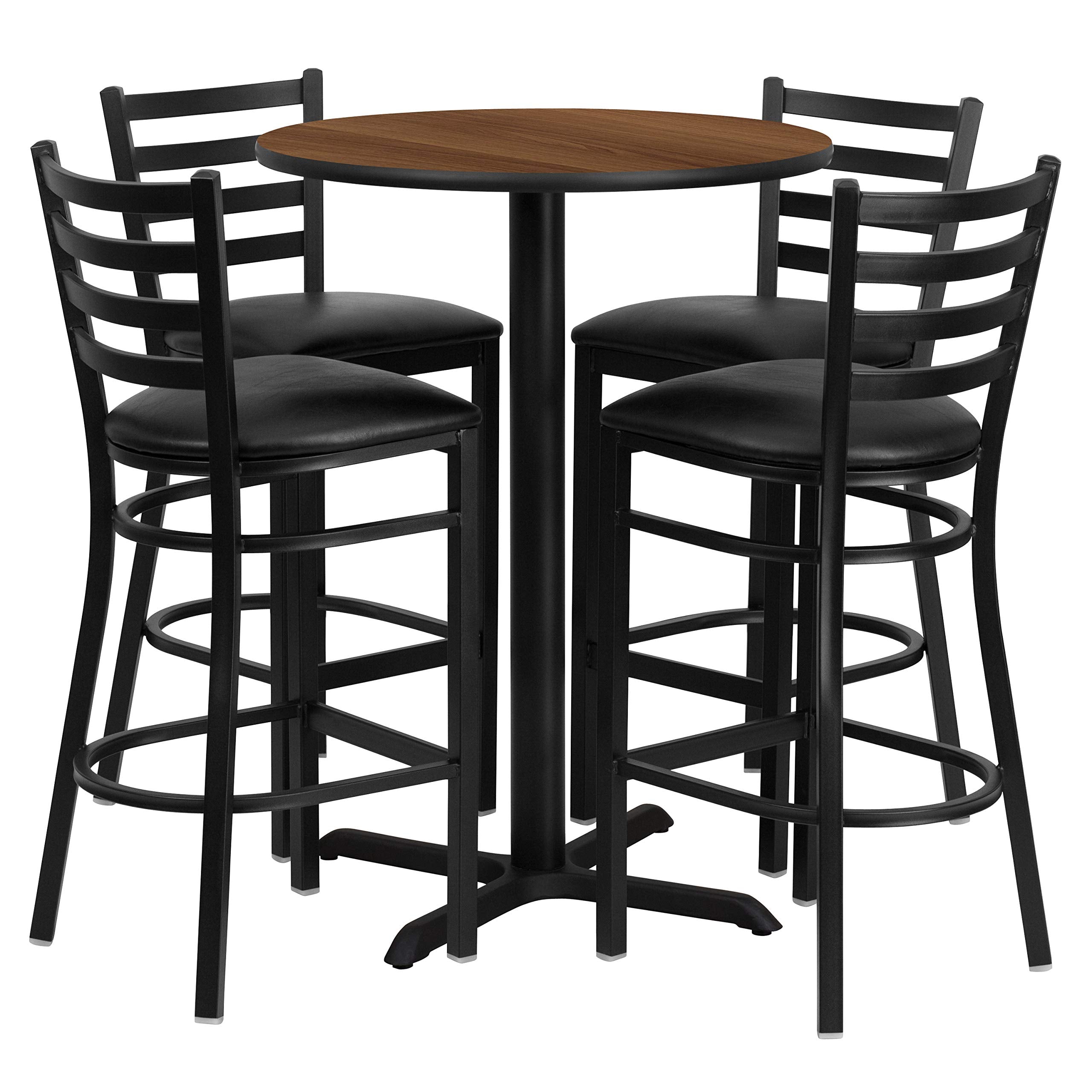 Flash Furniture 30'' Round Walnut Laminate Table Set with X-Base and 4 Ladder Back Metal Barstools - Black Vinyl Seat