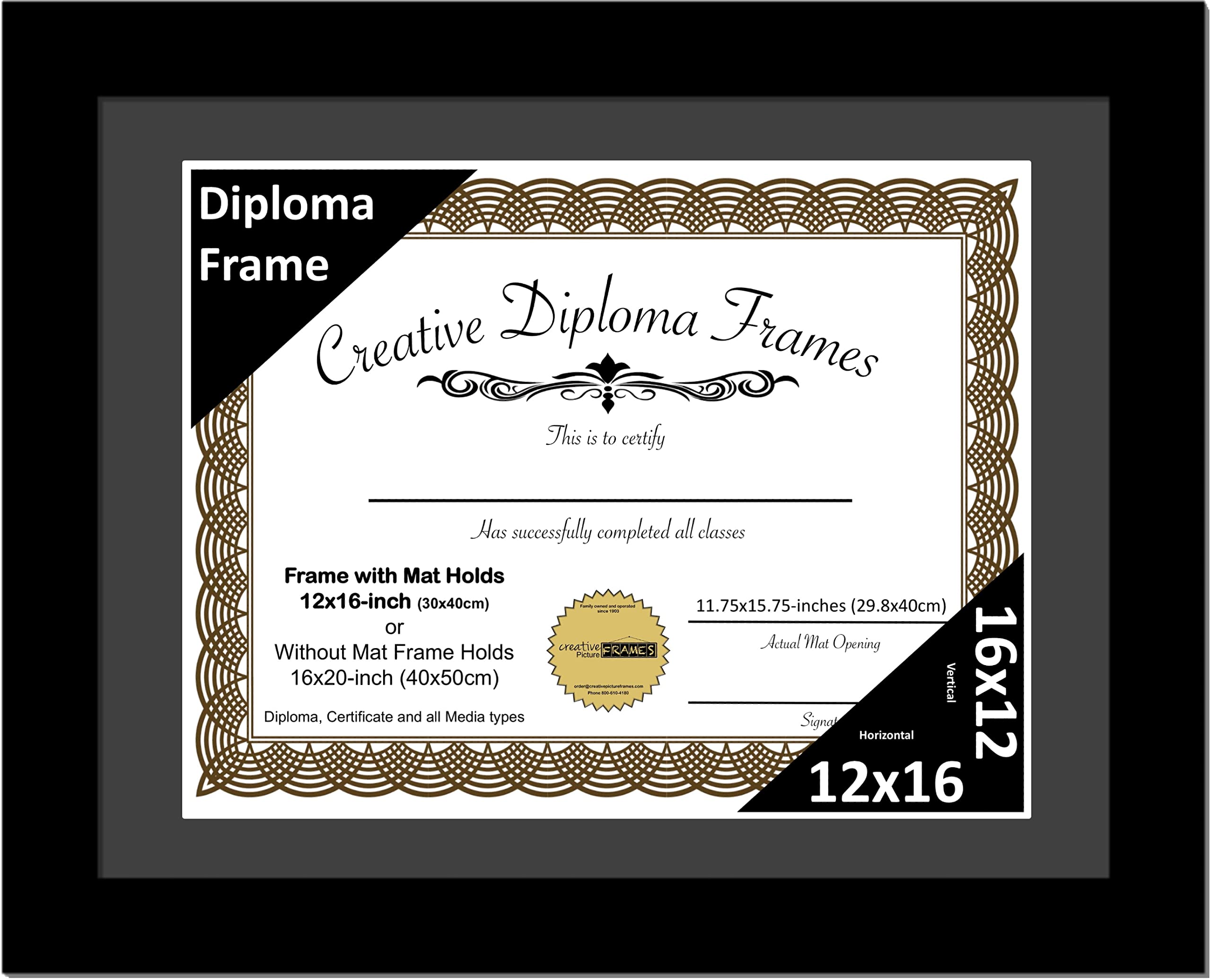 Creative Picture Frames 12x16 Classic Black Diploma Frame with Black Mat Glass Easel and Installed Wall Hangers | Frame Holds 16