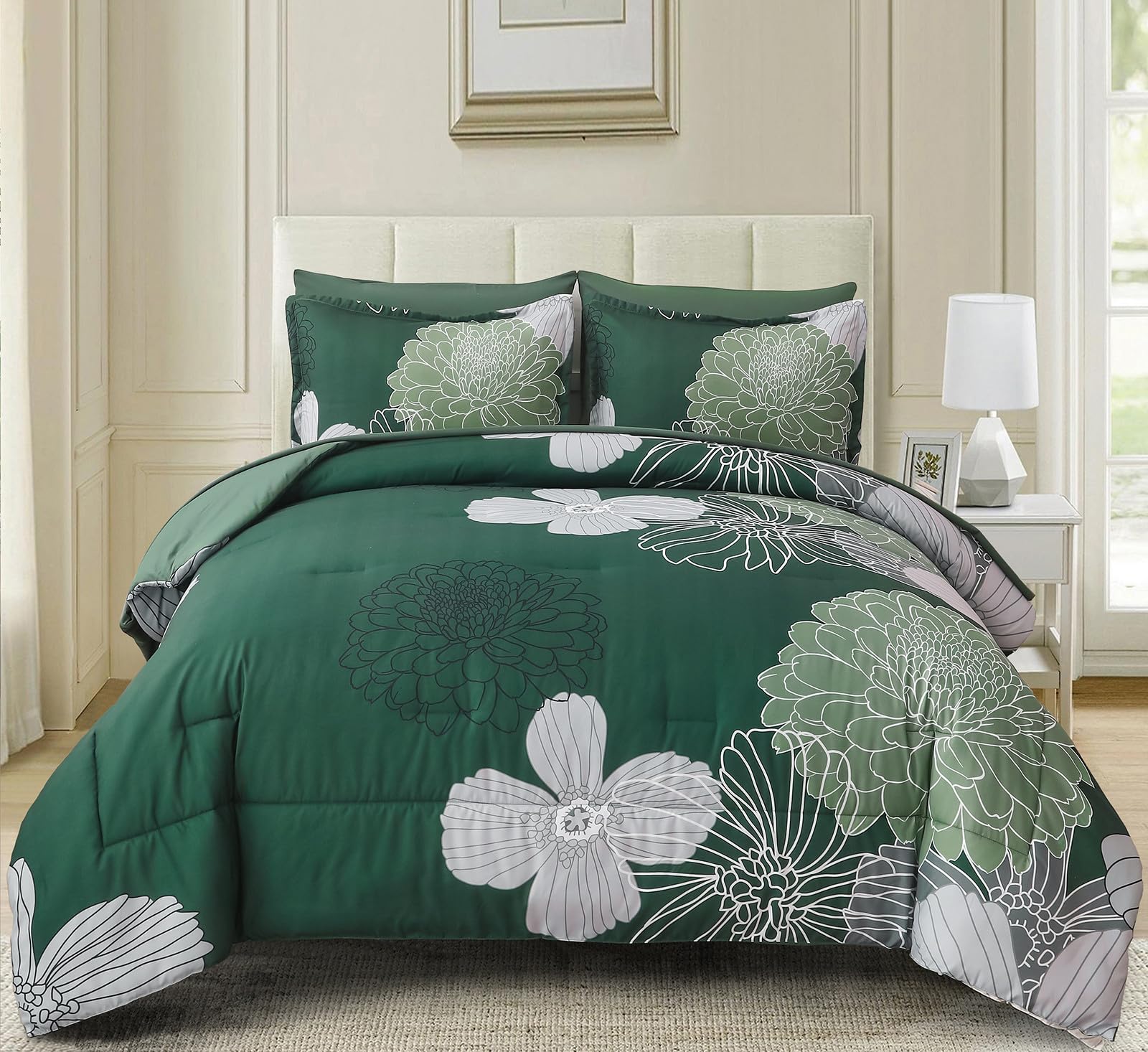 Yiran 7 Pieces King Size Comforter Set,Dark Green Floral Bed In A Bag Comforter And Sheet Set, Soft Microfiber Lightweight Beddi