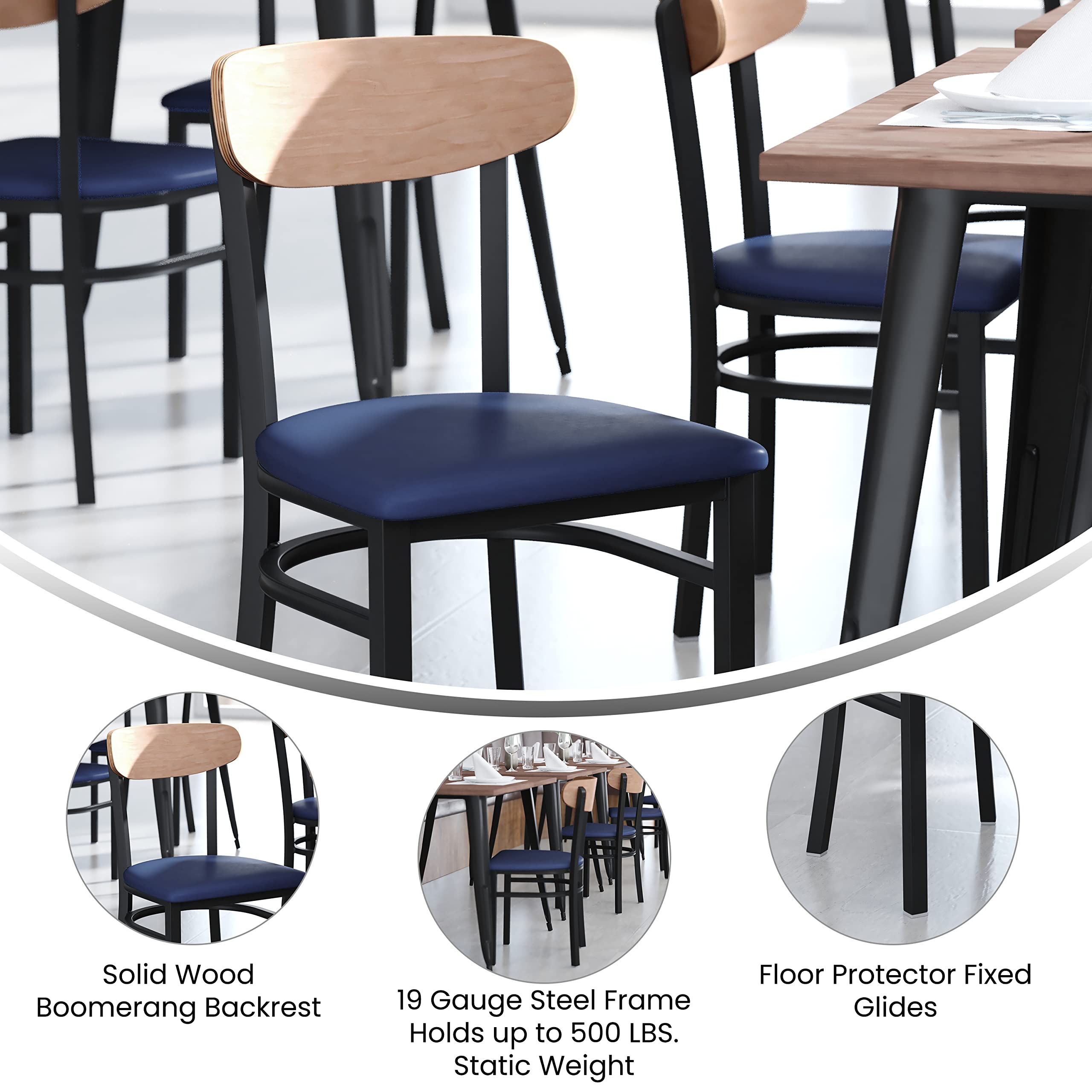 Flash Furniture Wright Commercial Dining Chair - 500 Lb. Capacity Black Steel Frame-Integrated Footrest 1 Pack Natural Birch Wood Back/Blue Vinyl Seat