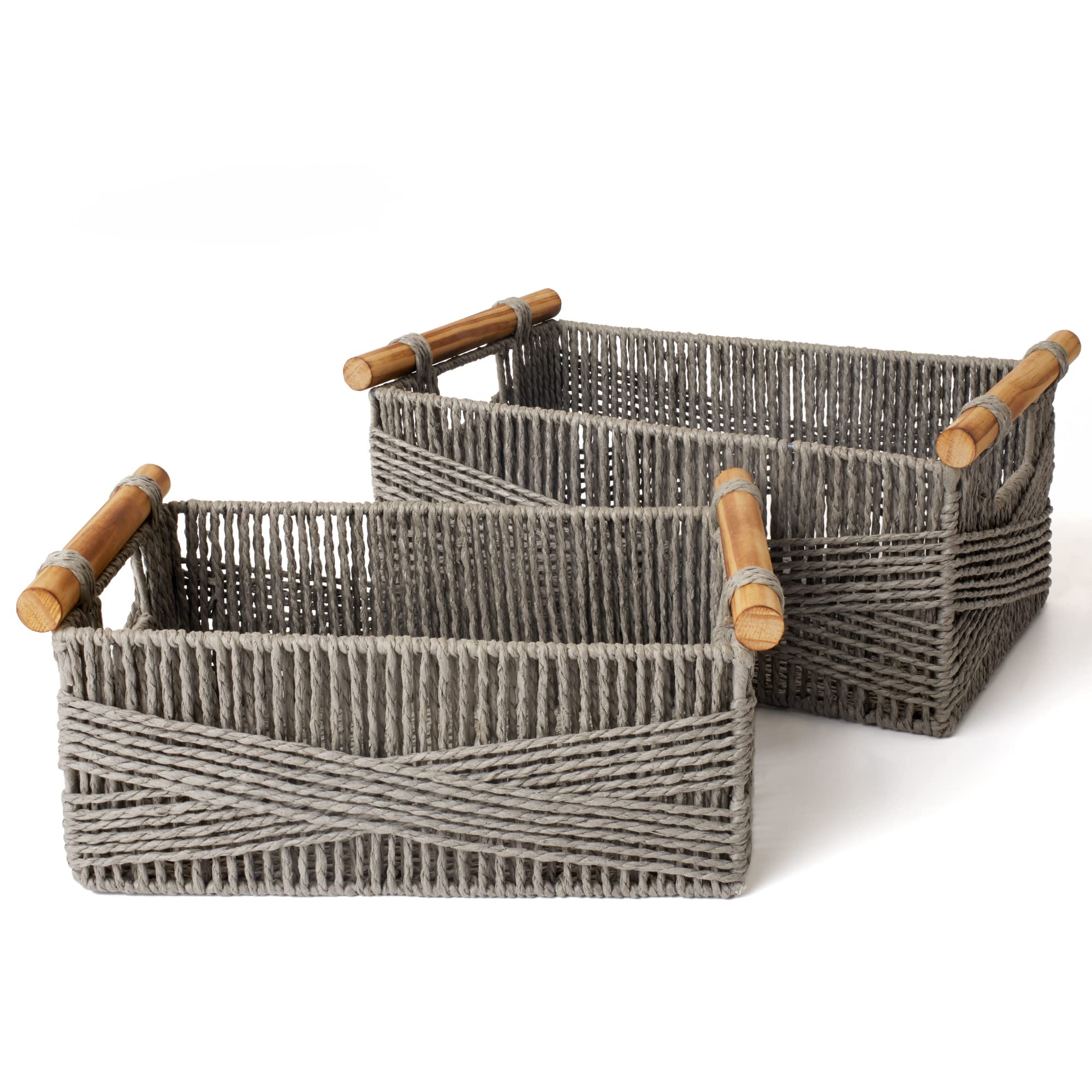 LA JOLIE MUSE Wicker Storage Baskets for Organizing, Recyclable Paper Rope Basket with Wood Handles, Decorative Hand Woven Baske