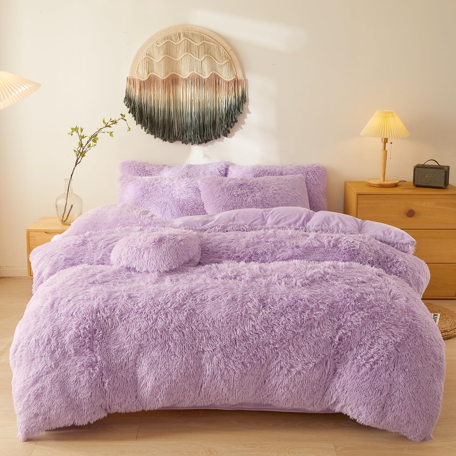 Lavender Plush Comforter Cover Set,Ultra Soft Shaggy Duvet Cover Bedding Sets Queen 3 Pieces With Pillow Cases, Fluffy Purple Be